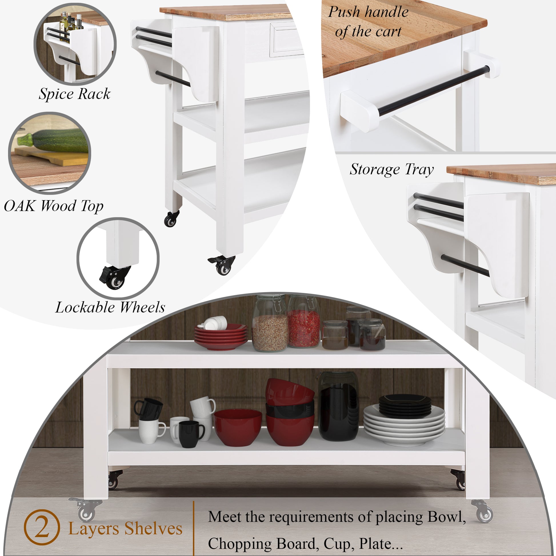 57 Inch Rolling Kitchen Island With Storage,Kitchen Cart With Solid Oak Wood Top,Two Sided Kitchen Island Cart On Wheels ,Wine And Spice Rack, Large Kitchen Cart With 2 Drawers, Milk White Natural Top White Natural Dining Room American Design Rectangular