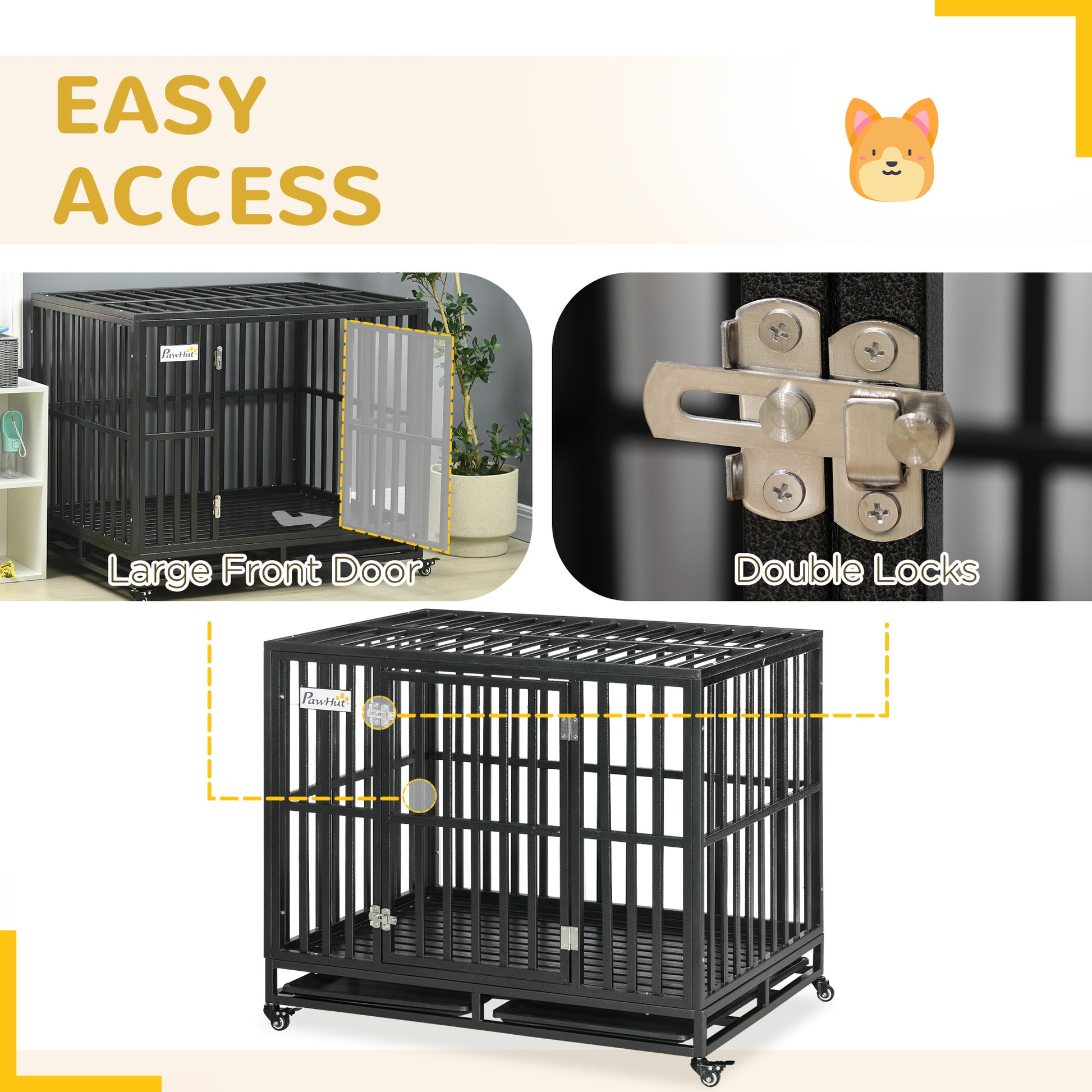 Pawhut Heavy Duty Dog Crate Metal Kennel And Cage Dog Playpen With Lockable Wheels, Slide Out Tray And Anti Pinching Floor Black Steel