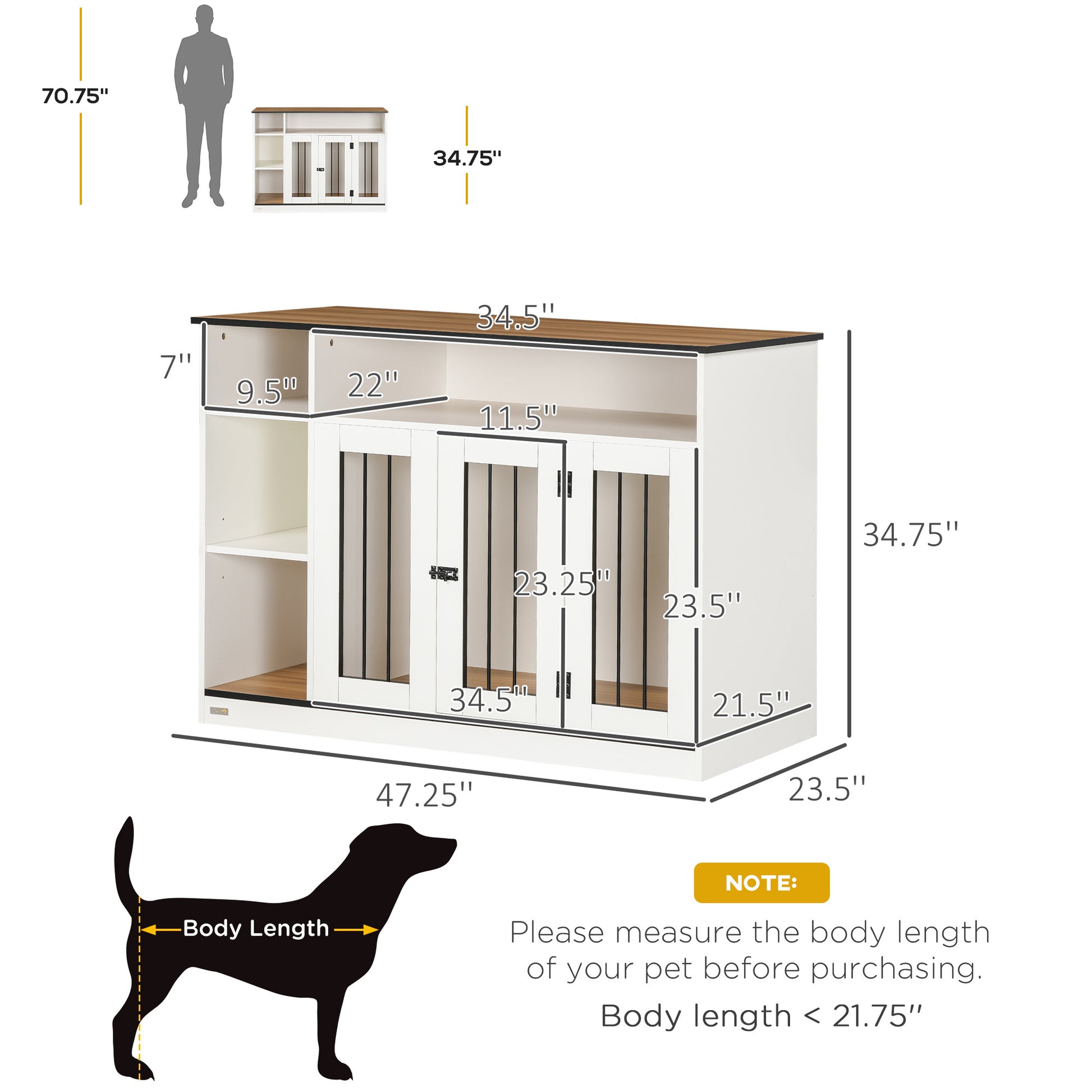 Pawhut Dog Crate Furniture With Adjustable Shelf, Dog Crate End Table, Indoor Pet Crate For Medium And Large Dogs, With Large Flat Surface, 47" X 23.5" X 35", White White Steel