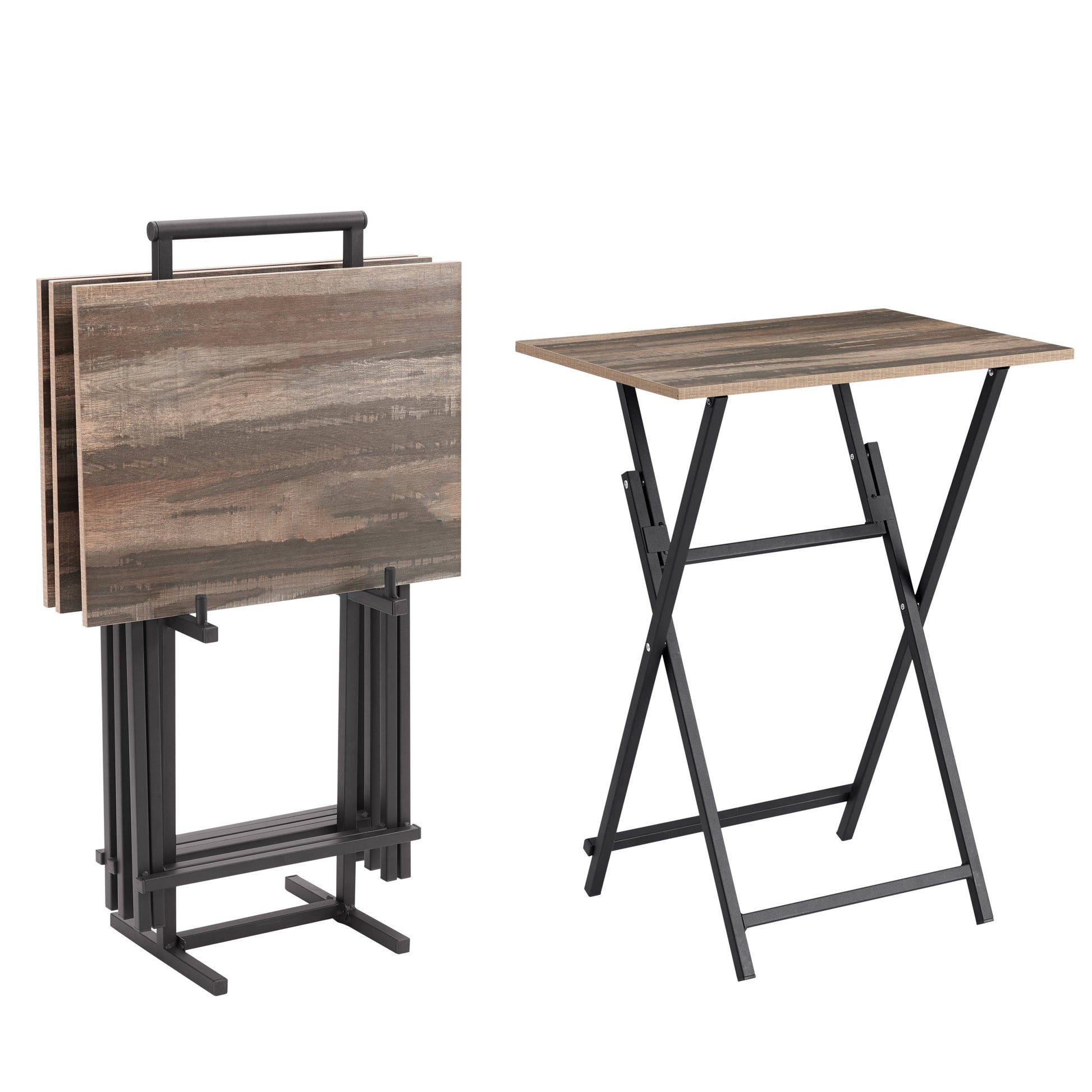 No Assembly Required Tv Trays For Eating Set Of 4 With Stand,Folding Snack Tray Table Set,Folding Tv Dining Tables For Small Space Rustic Brown Particle Board