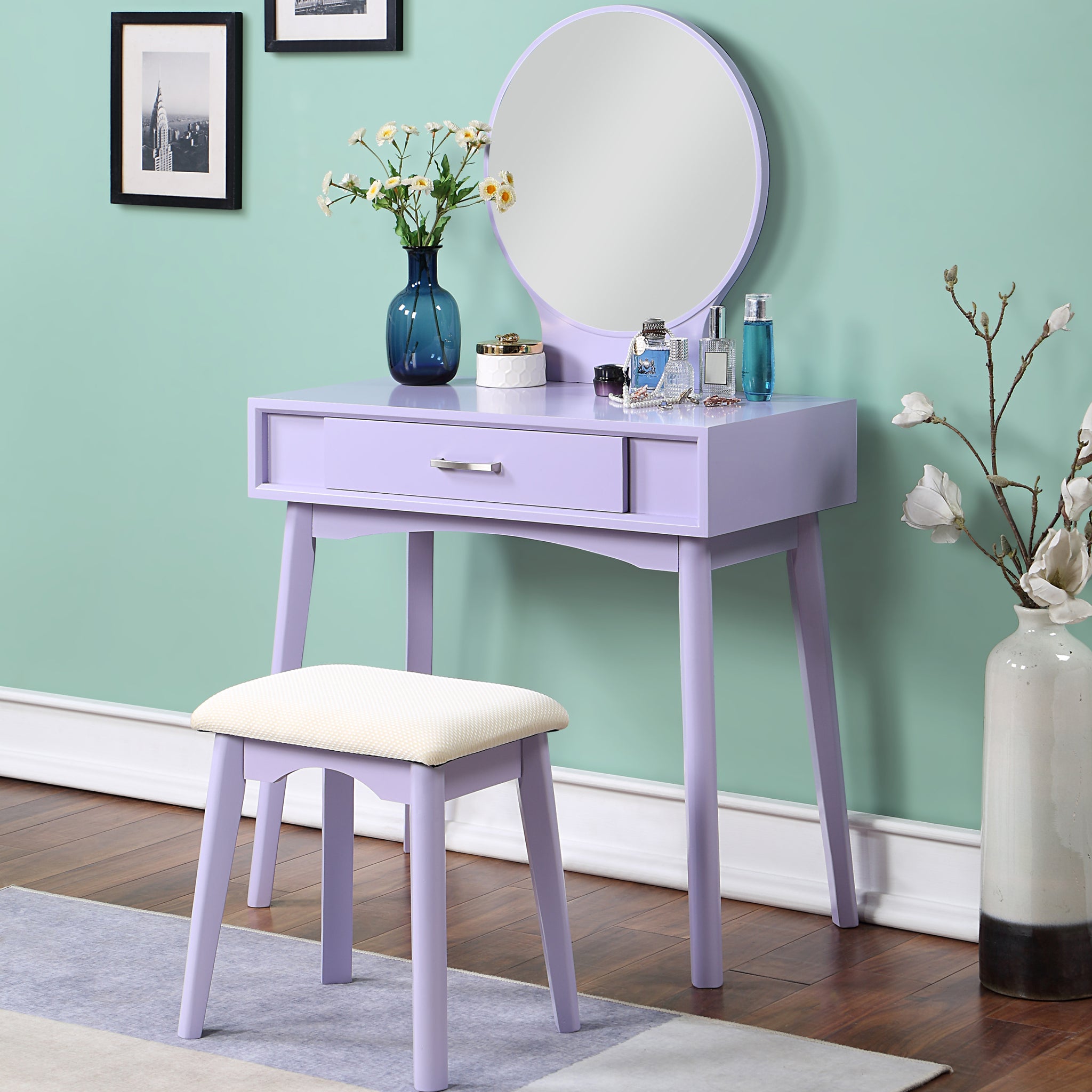 Maly Contemporary Wood Vanity And Stool Set, Purple Purple Wood