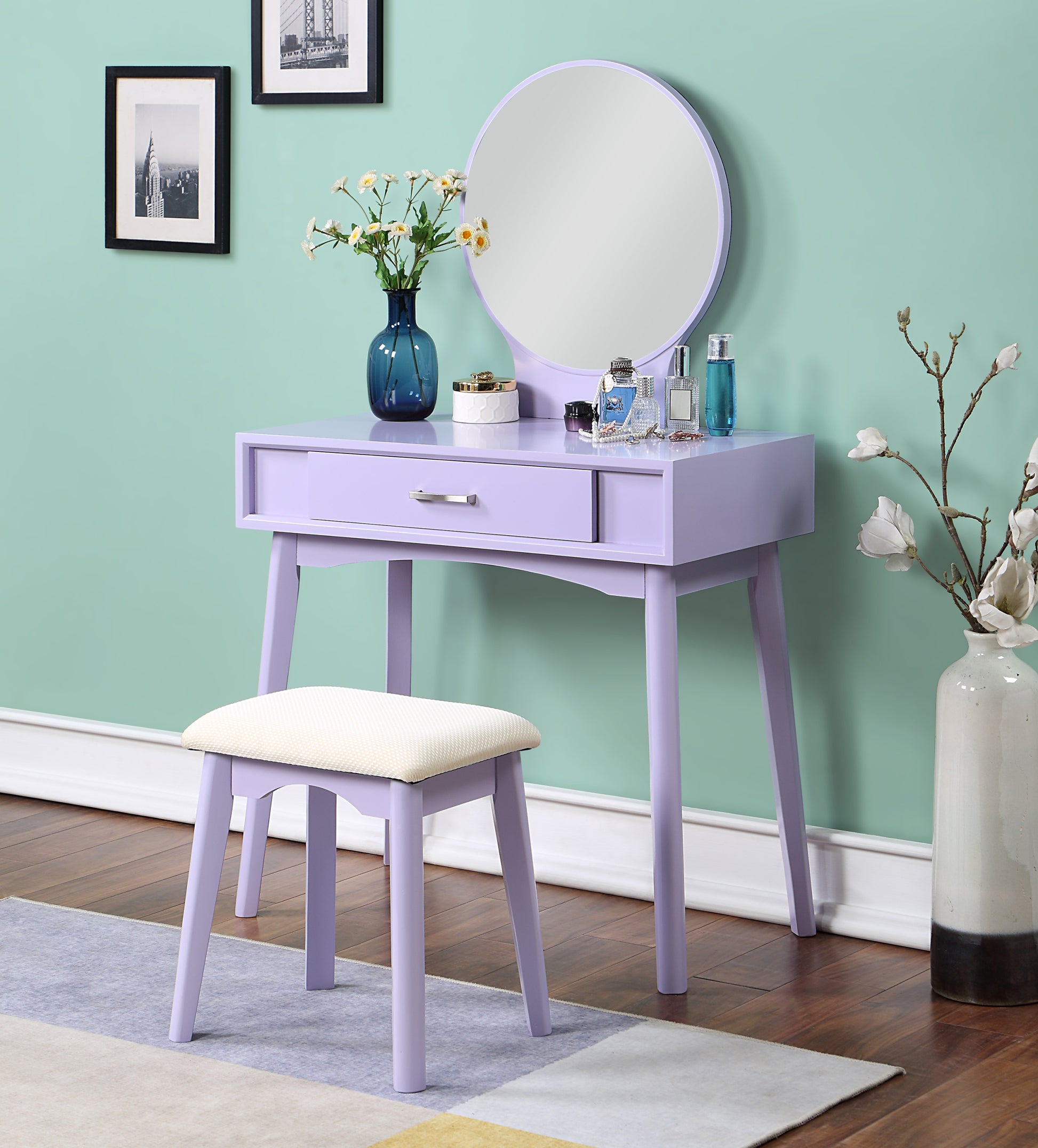 Maly Contemporary Wood Vanity And Stool Set, Purple Purple Wood