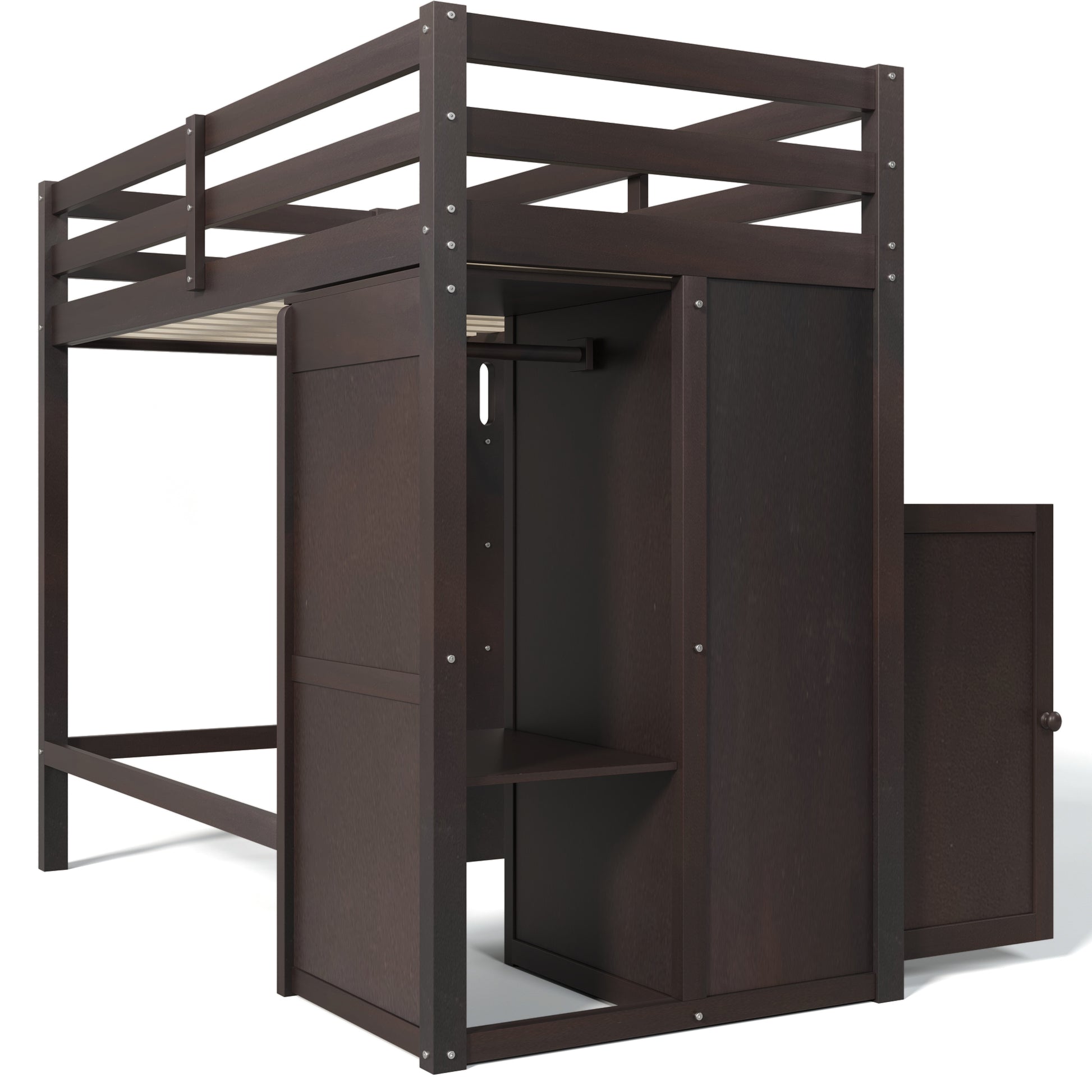 Twin Loft Bed With Wardrobe, Storage Shelves And Ladder, Espresso Twin Espresso Solid Wood Mdf