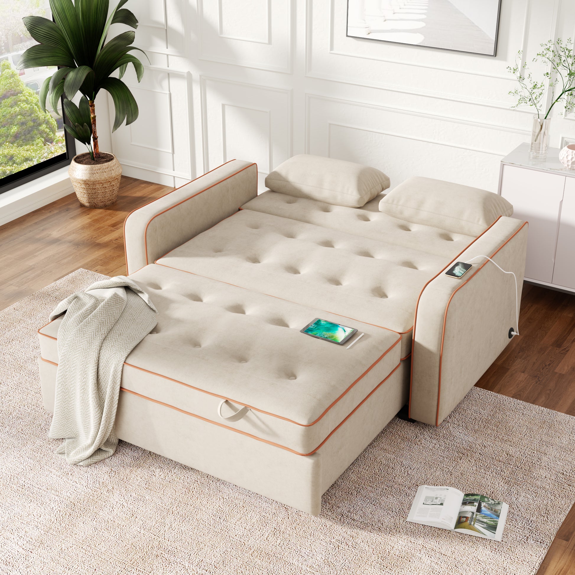 66.5" Velvet Upholstered Sleeper Bedpull Out Sofa Bed Couch Attached Two Throw Pillows,Dual Usb Charging Port And Adjustable Backrest For Living Room Space, Light Beige Beige Foam Velvet 2 Seat