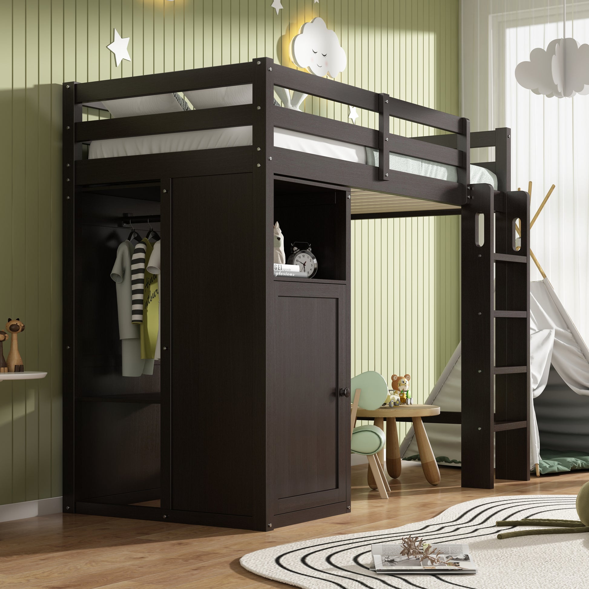 Twin Loft Bed With Wardrobe, Storage Shelves And Ladder, Espresso Twin Espresso Solid Wood Mdf