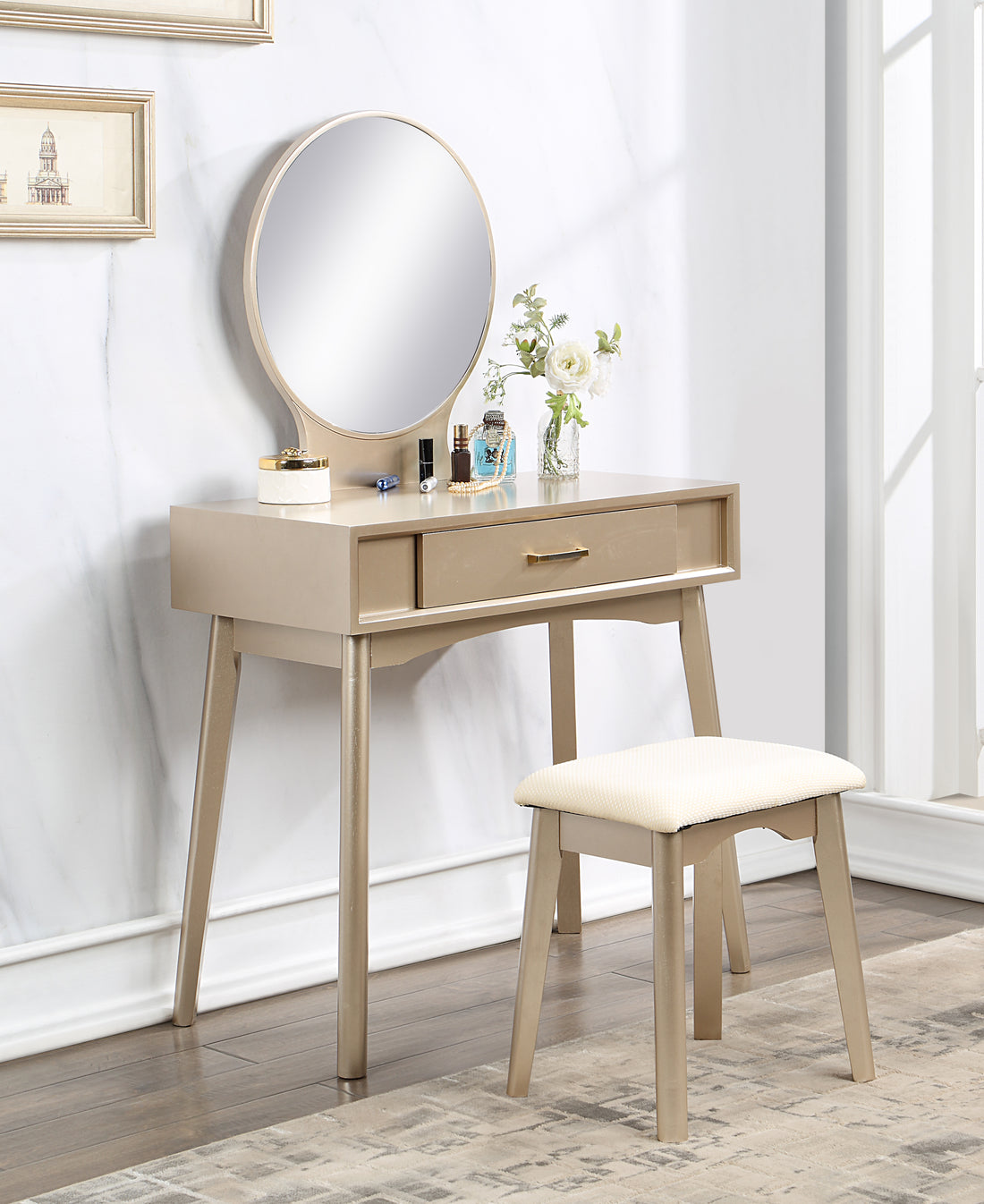 Maly Contemporary Wood Vanity And Stool Set, Gold Gold Wood