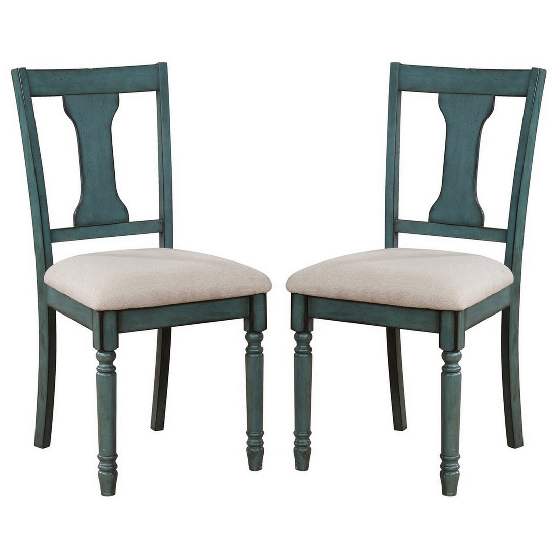 Wooden Side Chair With Open Chiseled Design Back, Set Of 2, Blue Blue Wood Fabric