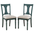 Wooden Side Chair With Open Chiseled Design Back, Set Of 2, Blue Blue Wood Fabric
