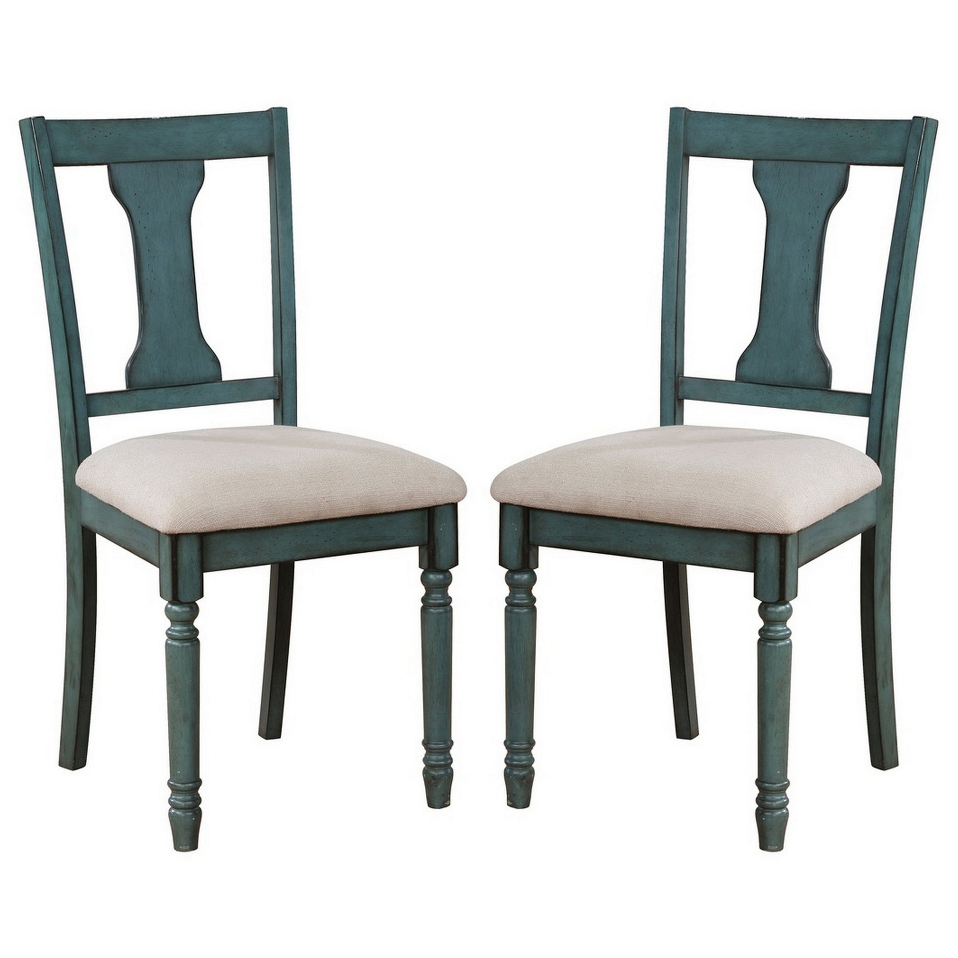 Wooden Side Chair With Open Chiseled Design Back, Set Of 2, Blue Blue Wood Fabric