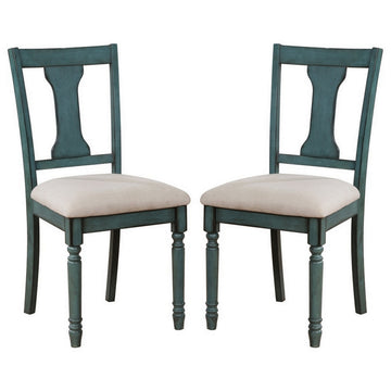 Wooden Side Chair With Open Chiseled Design Back, Set Of 2, Blue Blue Wood Fabric