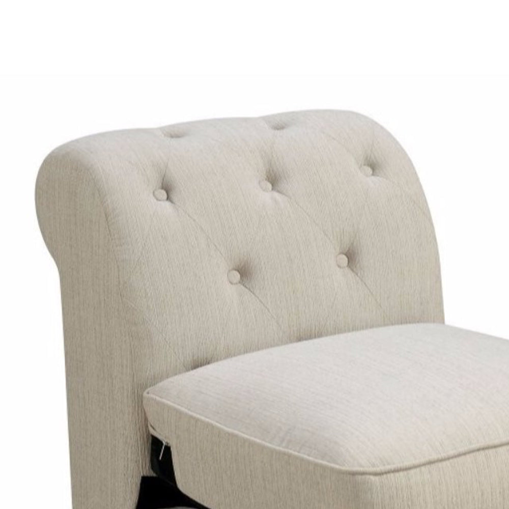 20 Inch Armless Sofa Chair, Linen Like Fabric, Button Tufted, Beige Beige Wood Fabric