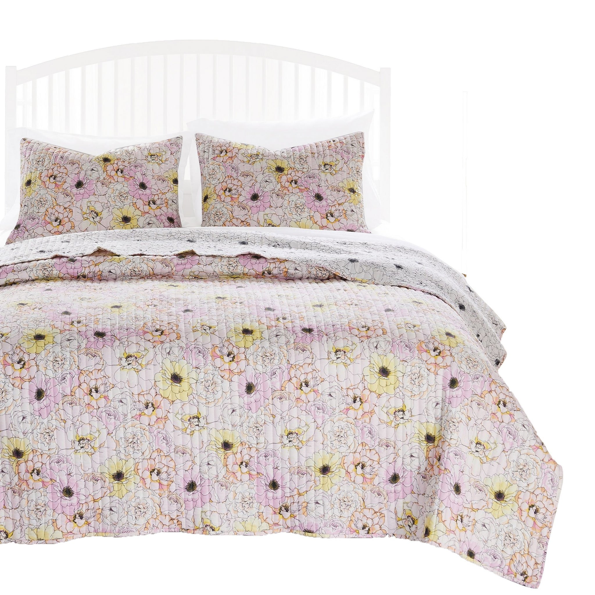 Milan 2 Piece Microfiber Blooming Flower Pattern Twin Quilt Set, White And Pink Pink White Fabric