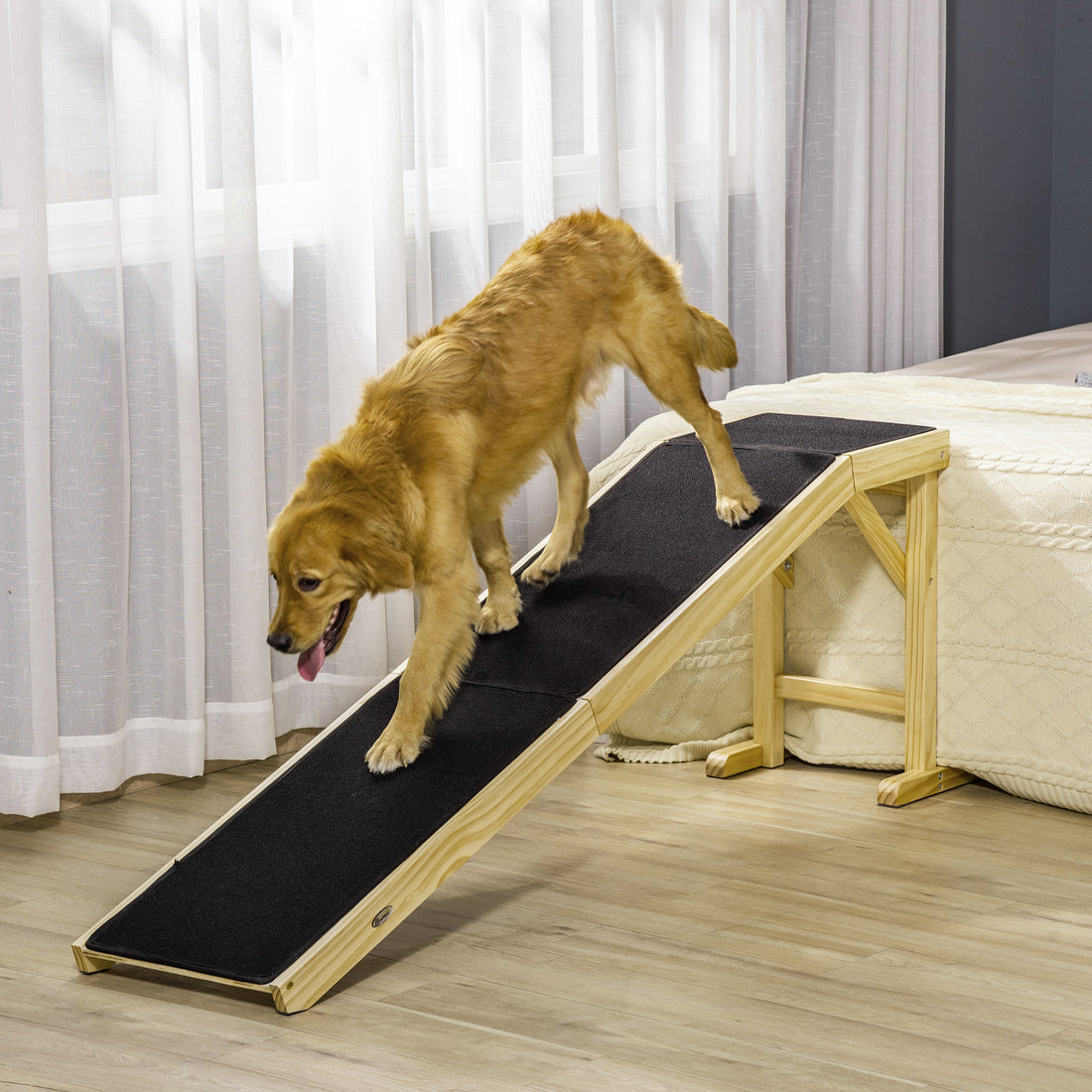 Pawhut Dog Ramp For Bed, Pet Ramp For Dogs With Non Slip Carpet And Top Platform, 74" X 16" X 25", Natural Natural Wood