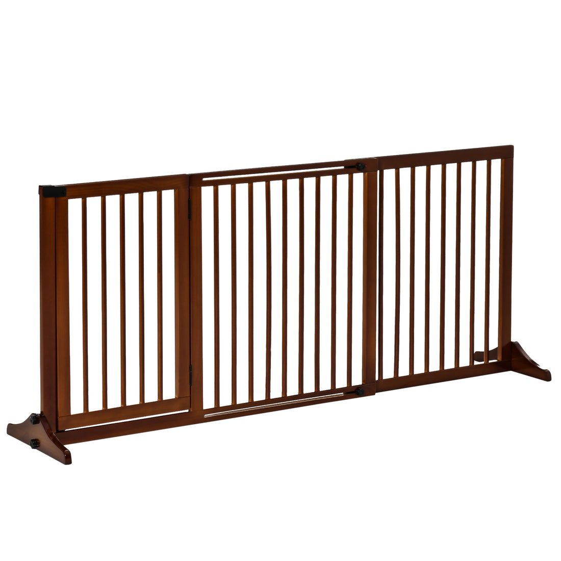 Pawhut Adjustable Wooden Pet Gate, Freestanding Dog Fence For Doorway, Hall, 3 Panels W Safety Barrier, Lockable Door, Brown, 44.5" 65.25" L X 14.25" H Brown Wood