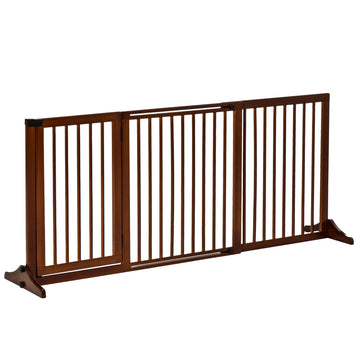 Pawhut Adjustable Wooden Pet Gate, Freestanding Dog Fence For Doorway, Hall, 3 Panels W Safety Barrier, Lockable Door, Brown, 44.5" 65.25" L X 14.25" H Brown Wood