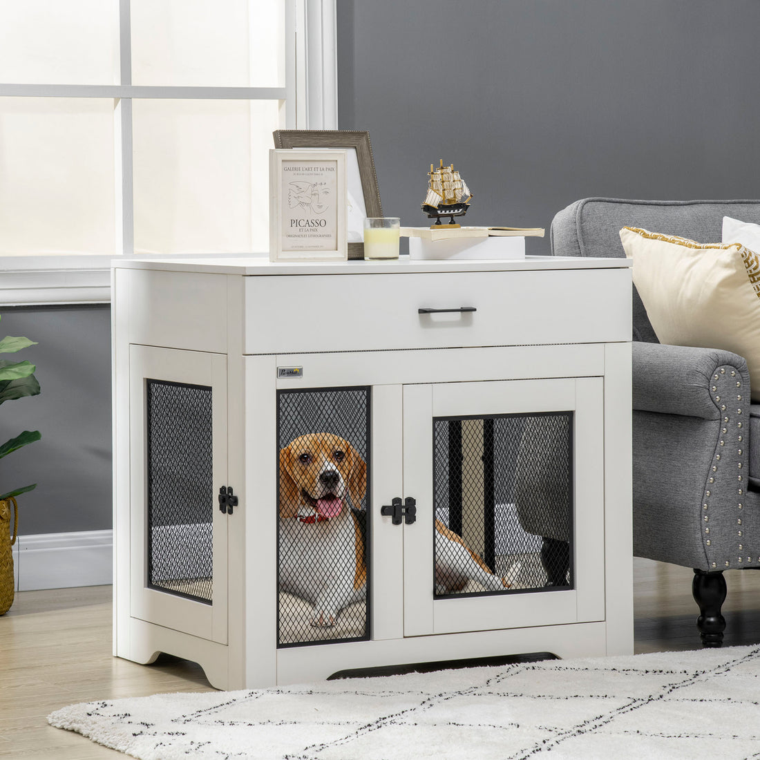 Pawhut Dog Crate Furniture With Soft Water Resistant Cushion, Dog Crate End Table With Drawer, Puppy Crate For Small Dogs Indoor With 2 Doors, White White Steel