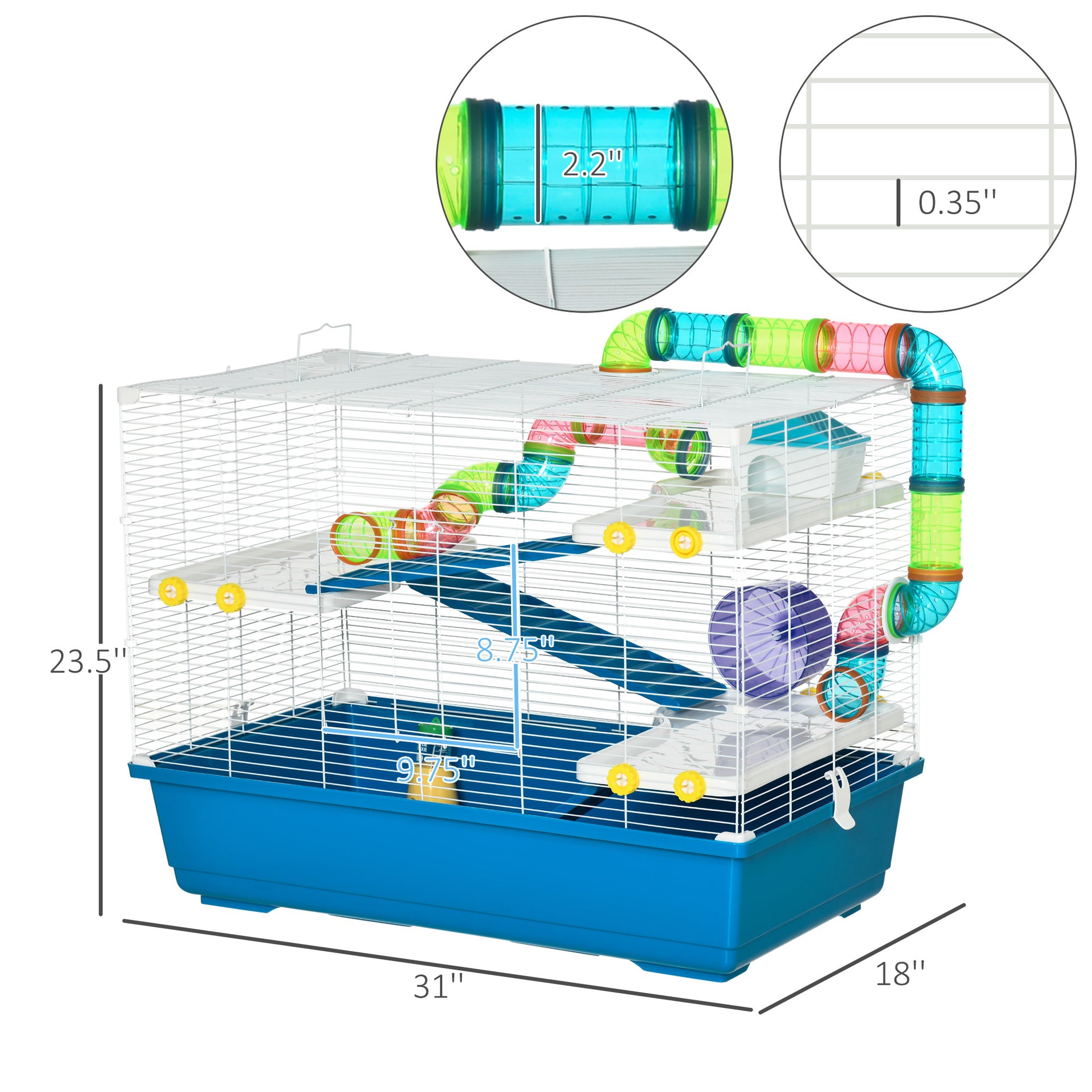 Pawhut 31" Extra Large Hamster Cage With Tubes And Tunnels, 4 Tier Small Animal Cage With Portable Carry Handles, Rat Gerbil Cage With Water Bottle, Food Dish, Exercise Wheel Blue Metal