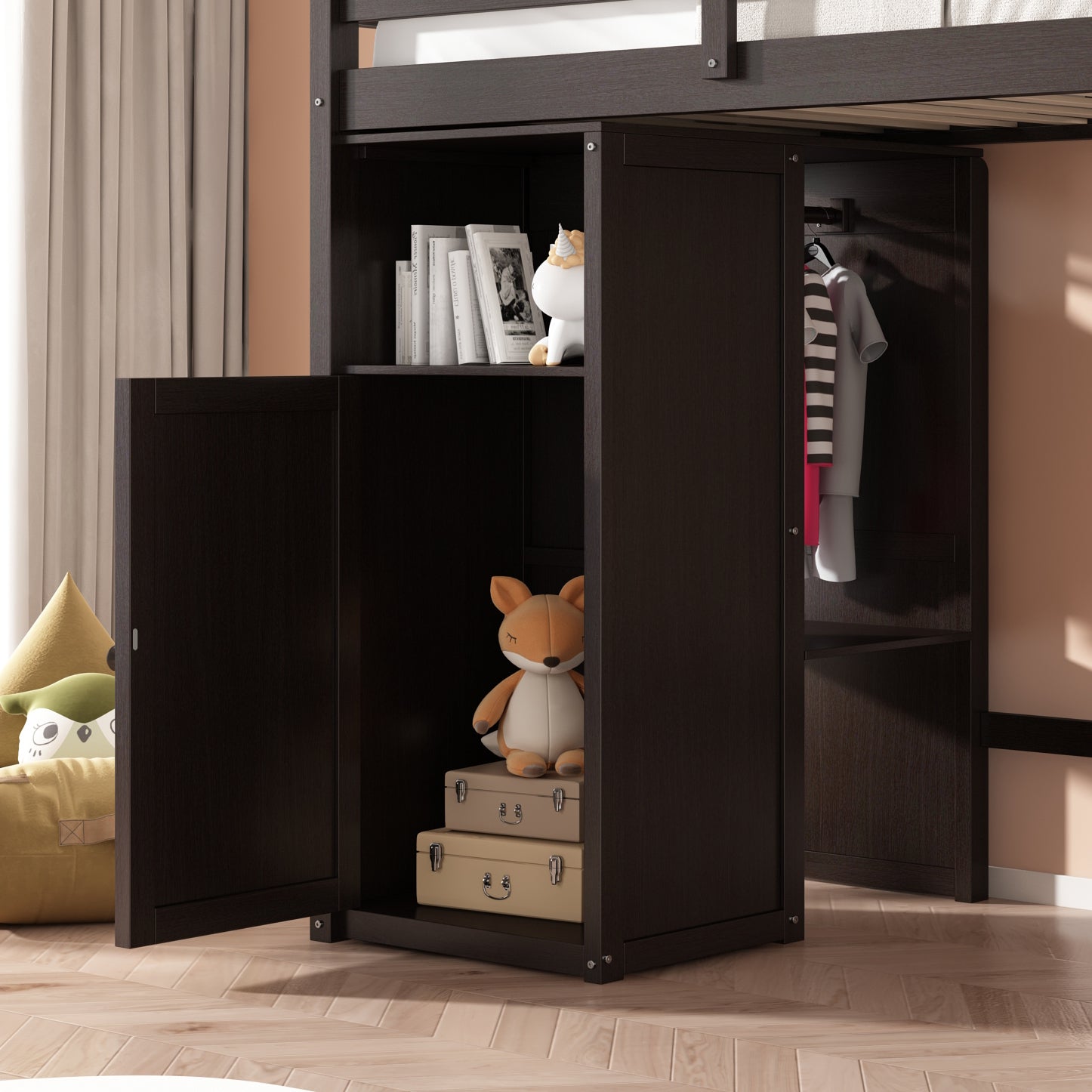 Twin Loft Bed With Wardrobe, Storage Shelves And Ladder, Espresso Twin Espresso Solid Wood Mdf