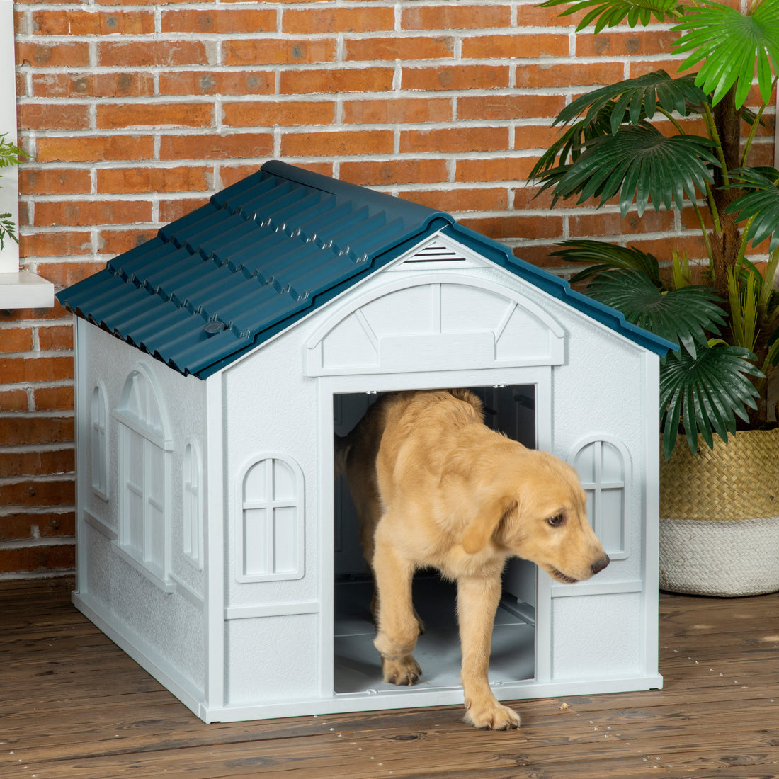 Pawhut Plastic Dog House, Water Resistant Puppy Shelter Indoor Outdoor With Door, Easy To Assemble, For Large Dogs, Blue Blue Polypropylene