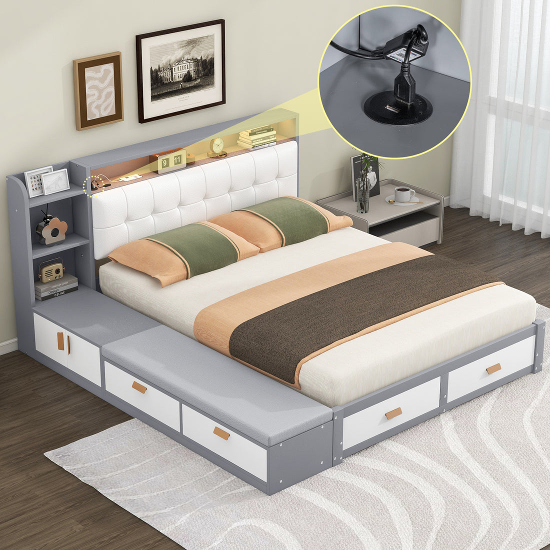 Queen Size Low Profile Platform Bed Frame With Upholstery Headboard And Storage Shelves And Drawers,Usb Charging Design,Gray Queen Gray Solid Wood Mdf