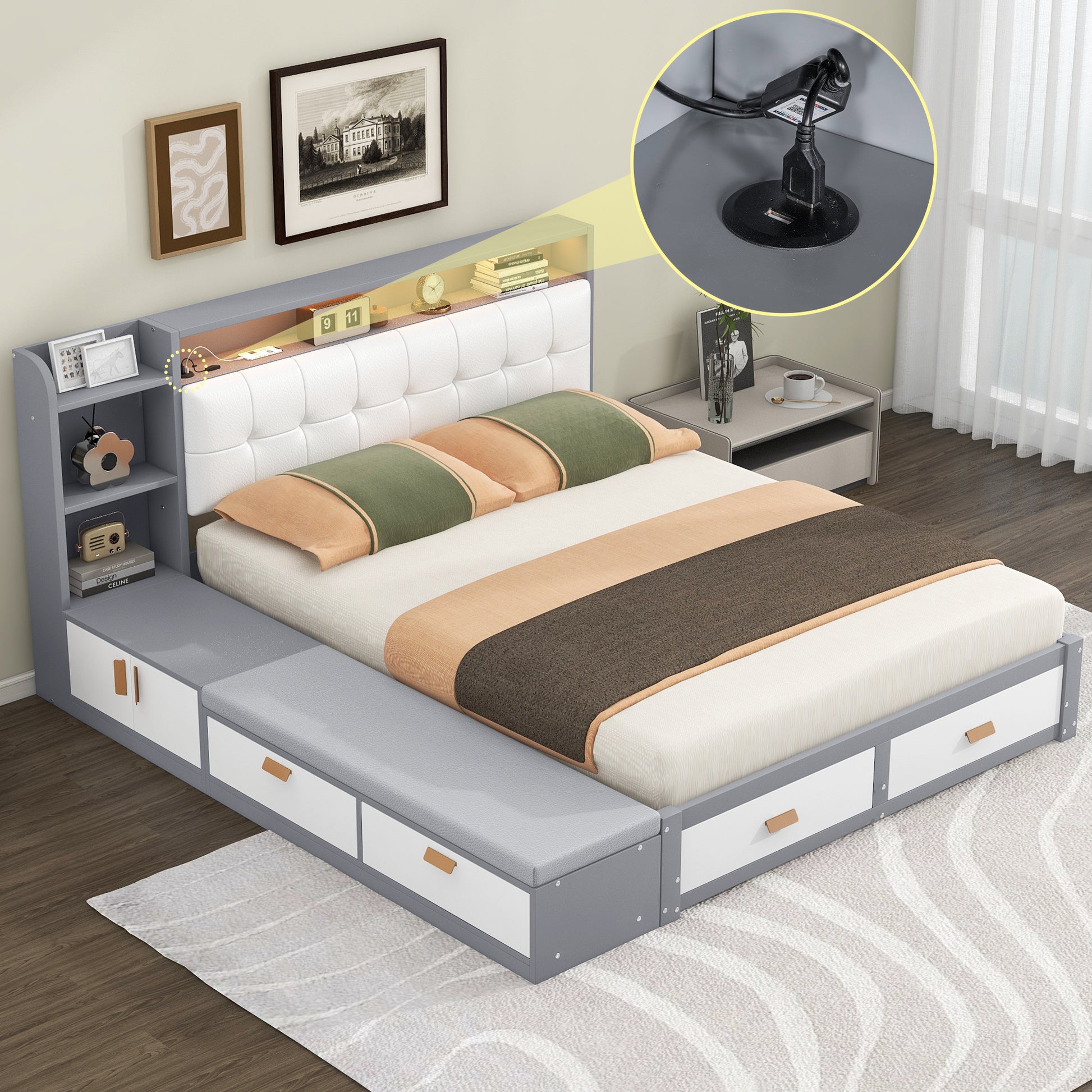 Queen Size Low Profile Platform Bed Frame With Upholstery Headboard And Storage Shelves And Drawers,Usb Charging Design,Gray Queen Gray Solid Wood Mdf