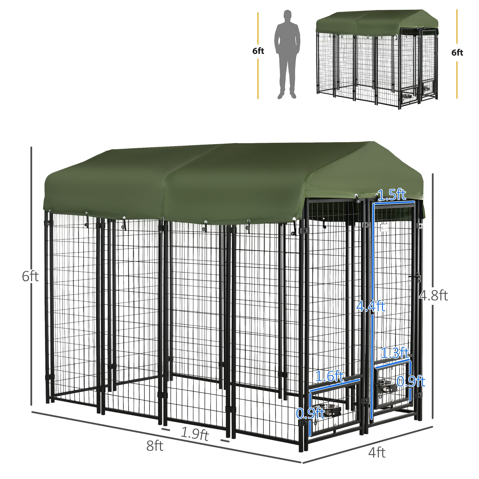 Pawhut 8' X 4' X 6' Dog Kennel Outdoor With Rotating Bowl Holders, Walk In Pet Playpen, Welded Wire Steel Dog Fence With Water And Uv Resistant Canopy, Green Green Steel