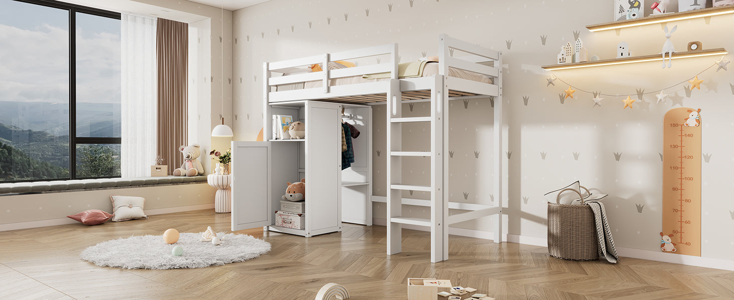 Twin Loft Bed With Wardrobe, Storage Shelves And Ladder, White Twin White Solid Wood Mdf