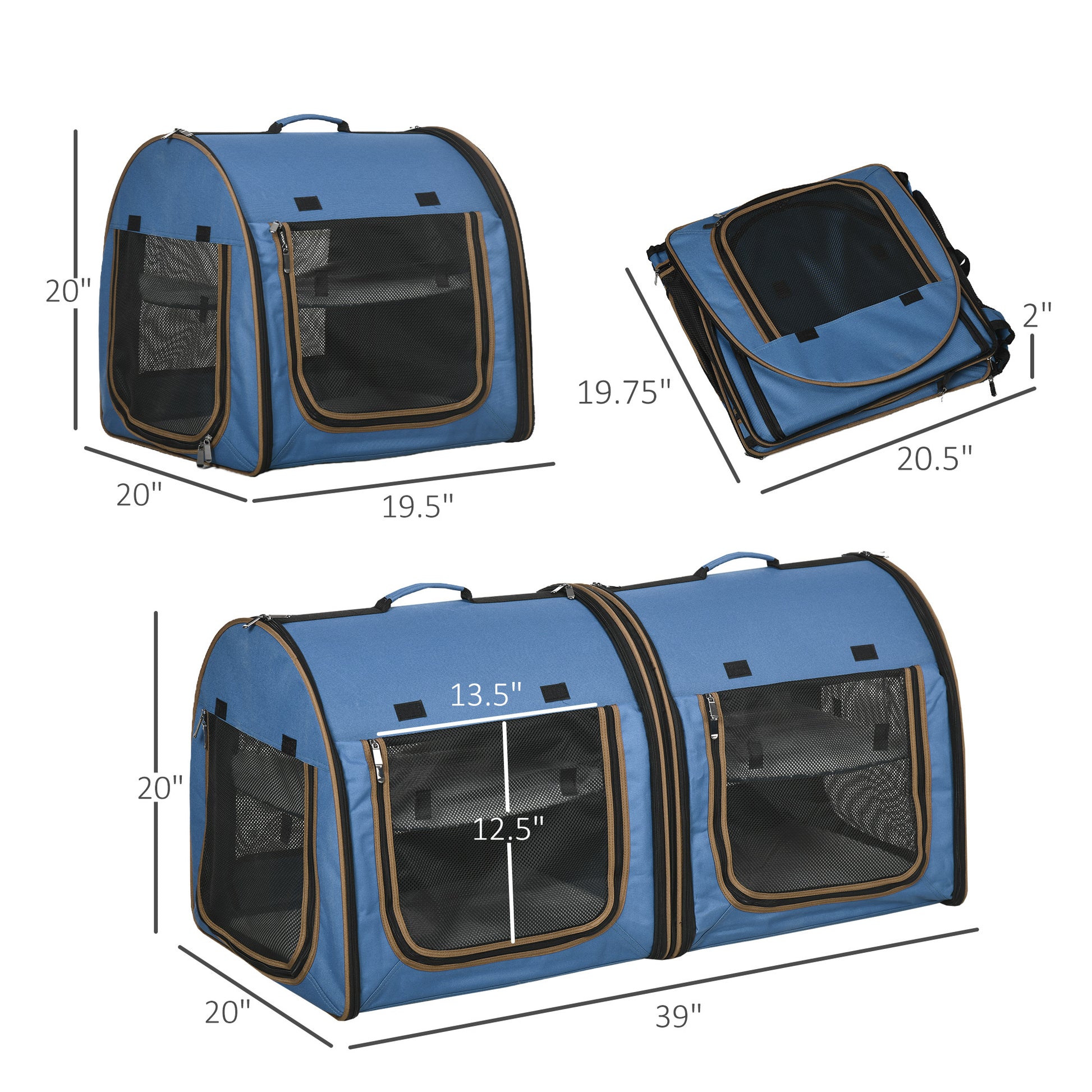 Pawhut 39" Portable Soft Sided Pet Cat Carrier With Divider, Two Compartments, Soft Cushions, & Storage Bag, Blue Blue Metal