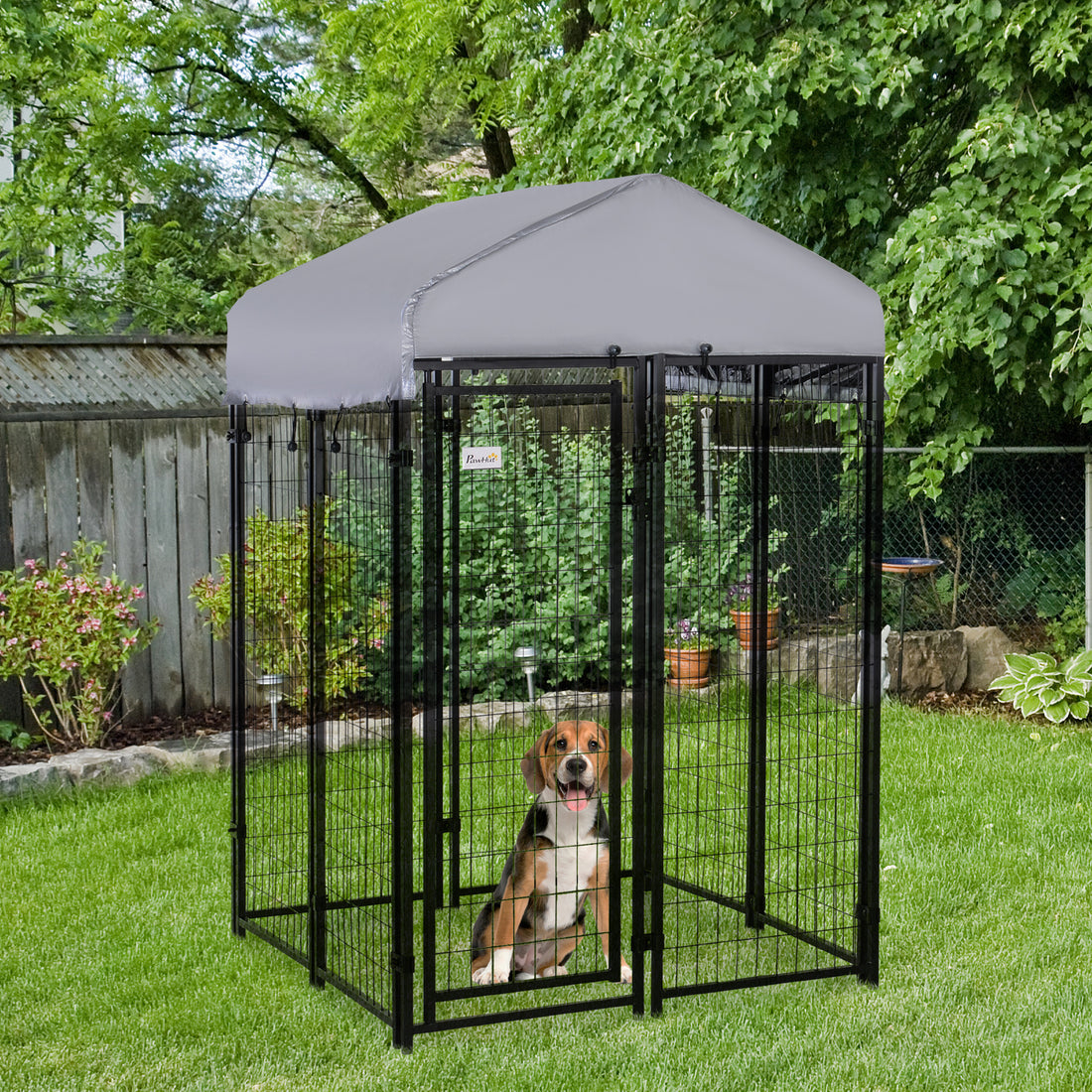 Pawhut 4' X 4' X 6' Dog Playpen Outdoor, Dog Kennel Dog Exercise Pen With Lockable Door, Water Resistant Canopy, For Small And Medium Dogs Gray Steel