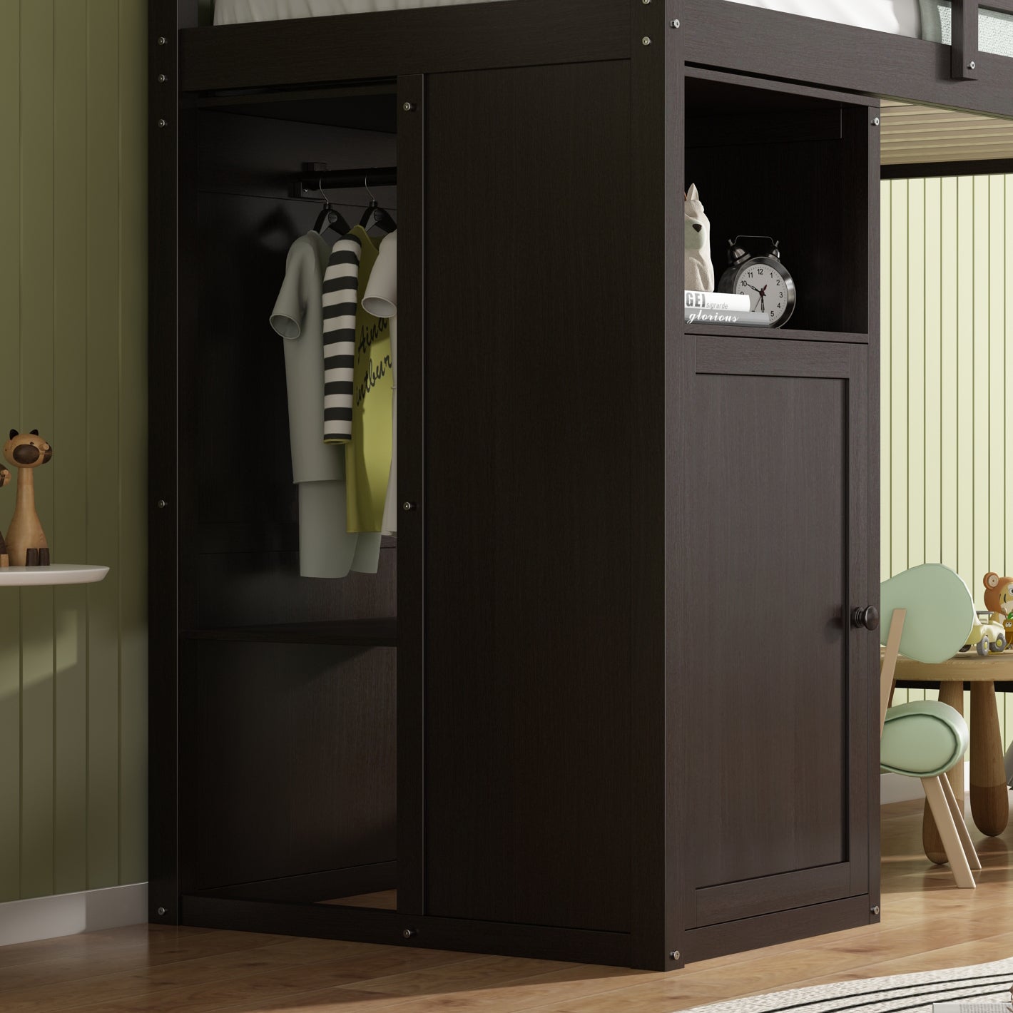 Twin Loft Bed With Wardrobe, Storage Shelves And Ladder, Espresso Twin Espresso Solid Wood Mdf