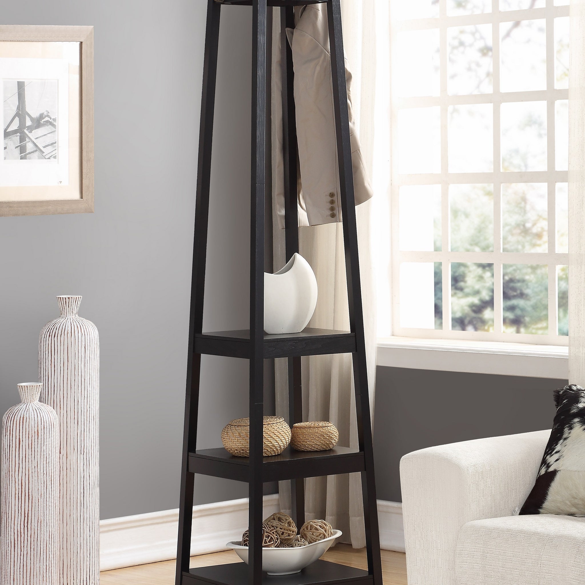 Vassen Coat Rack W 3 Tier Storage Shelves In Black Finish Black Wood