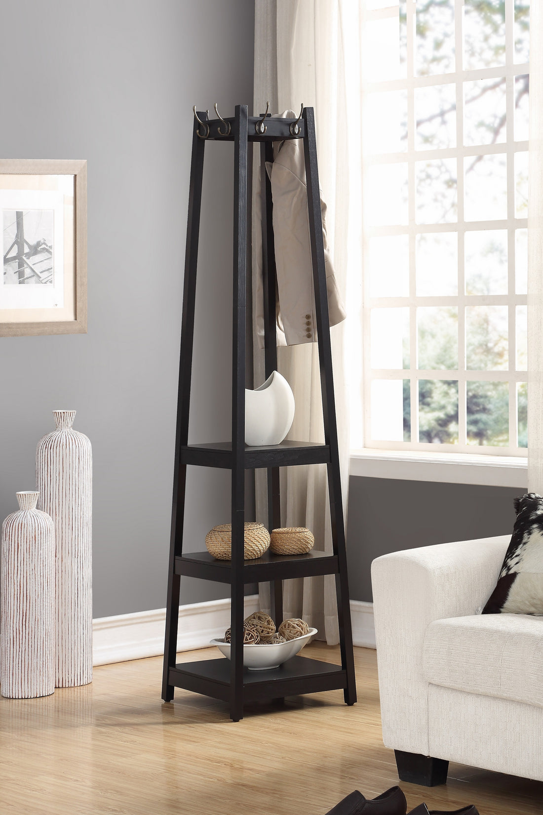 Vassen Coat Rack W 3 Tier Storage Shelves In Black Finish Black Wood