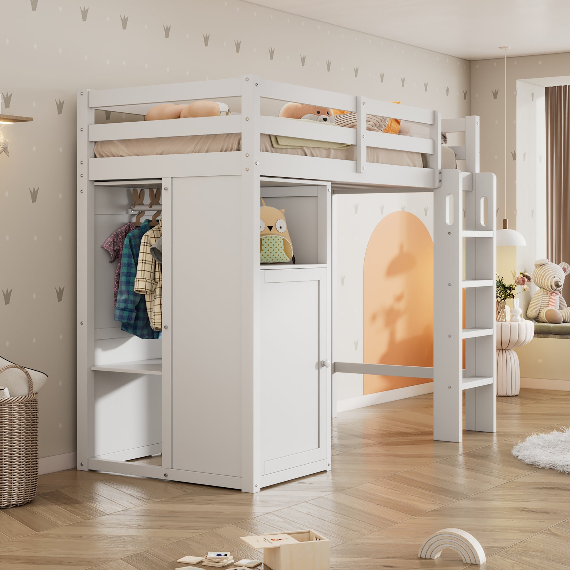 Twin Loft Bed With Wardrobe, Storage Shelves And Ladder, White Twin White Solid Wood Mdf