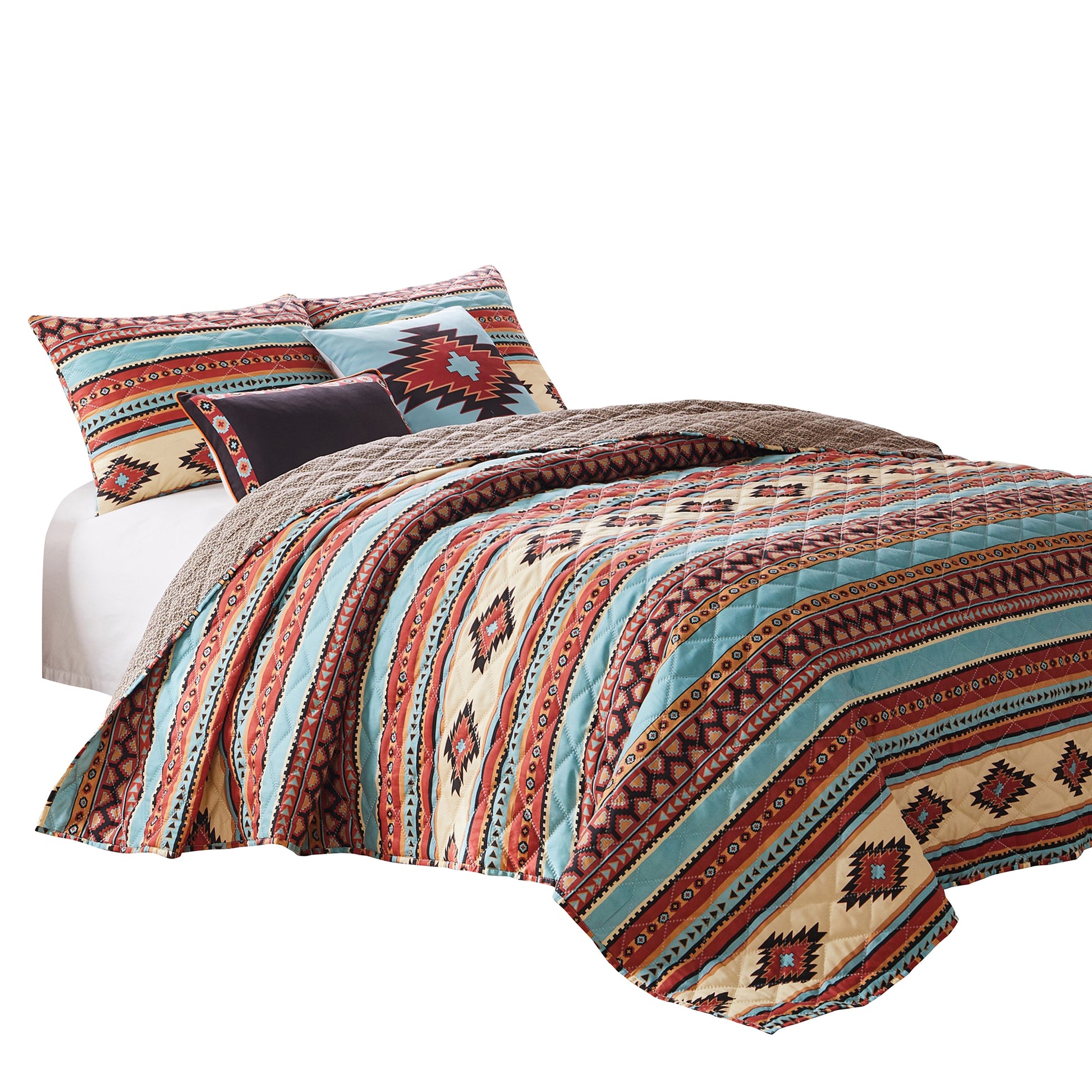 Linda 3 Piece Full Quilt Set, Tribal Pattern, Diamond Design, Multicolor Multicolor Microfiber