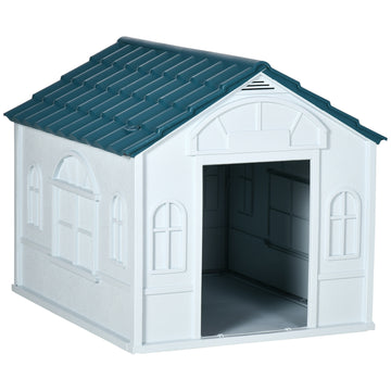 Pawhut Plastic Dog House, Water Resistant Puppy Shelter Indoor Outdoor With Door, Easy To Assemble, For Large Dogs, Blue Blue Polypropylene