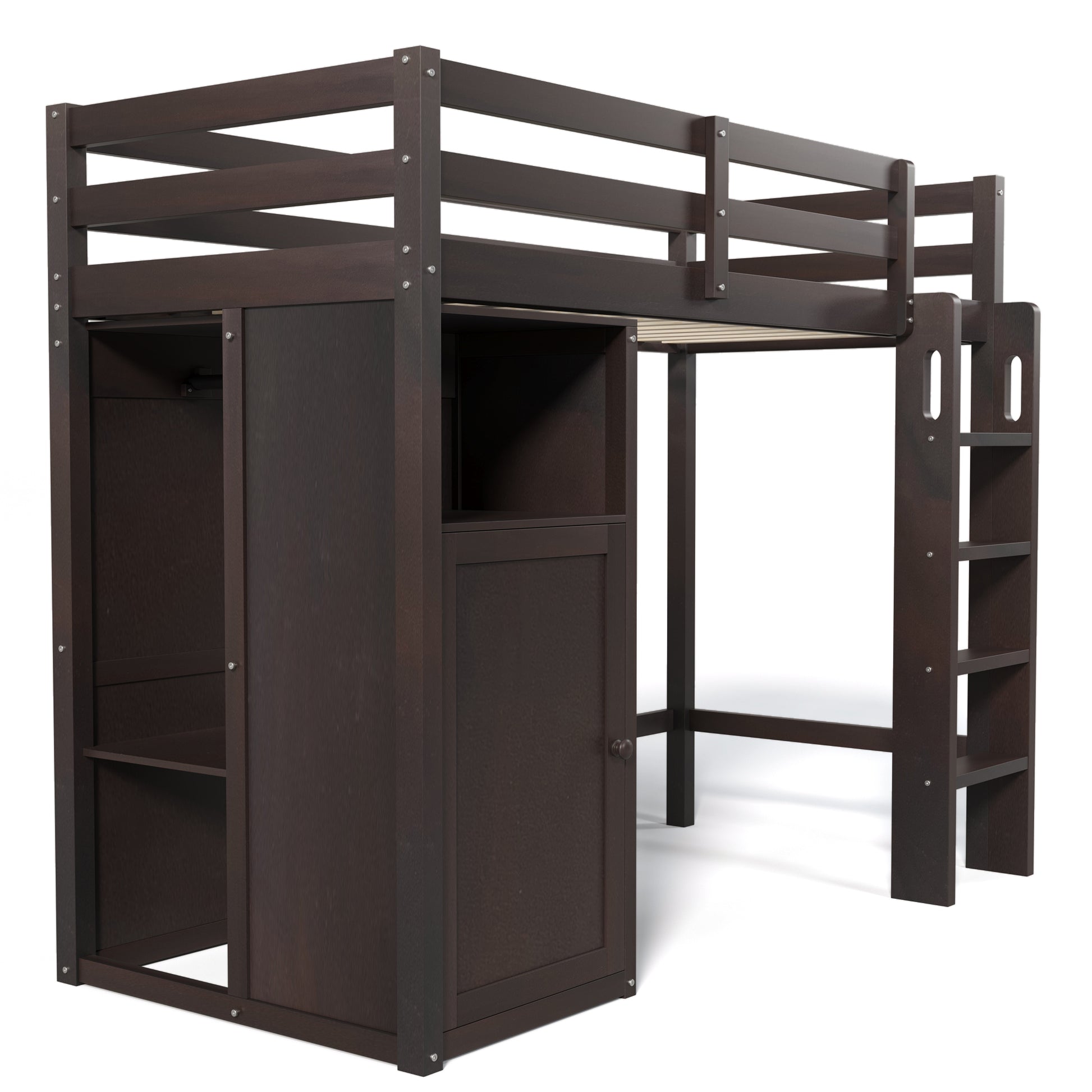 Twin Loft Bed With Wardrobe, Storage Shelves And Ladder, Espresso Twin Espresso Solid Wood Mdf