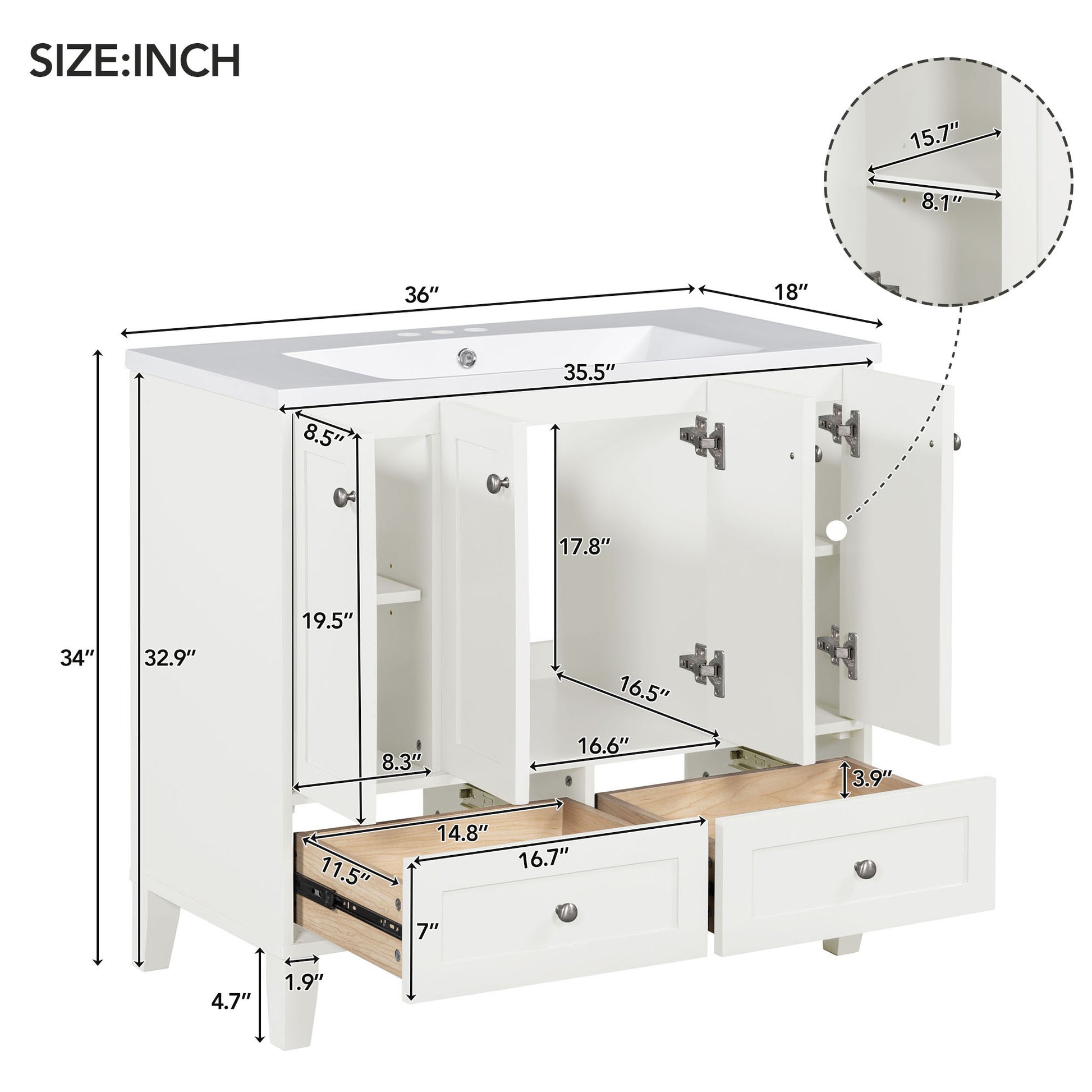 36'' Bathroom Vanity With Resin Sink Combo,Solid Wood Frame Bathroom Storage Cabinet, Freestanding Vanity Set With 4 Soft Closing Doors& 2 Drawers 2 White 4 5 Adjustable Shelves Bathroom Freestanding Solid Wood Mdf Resin Painted