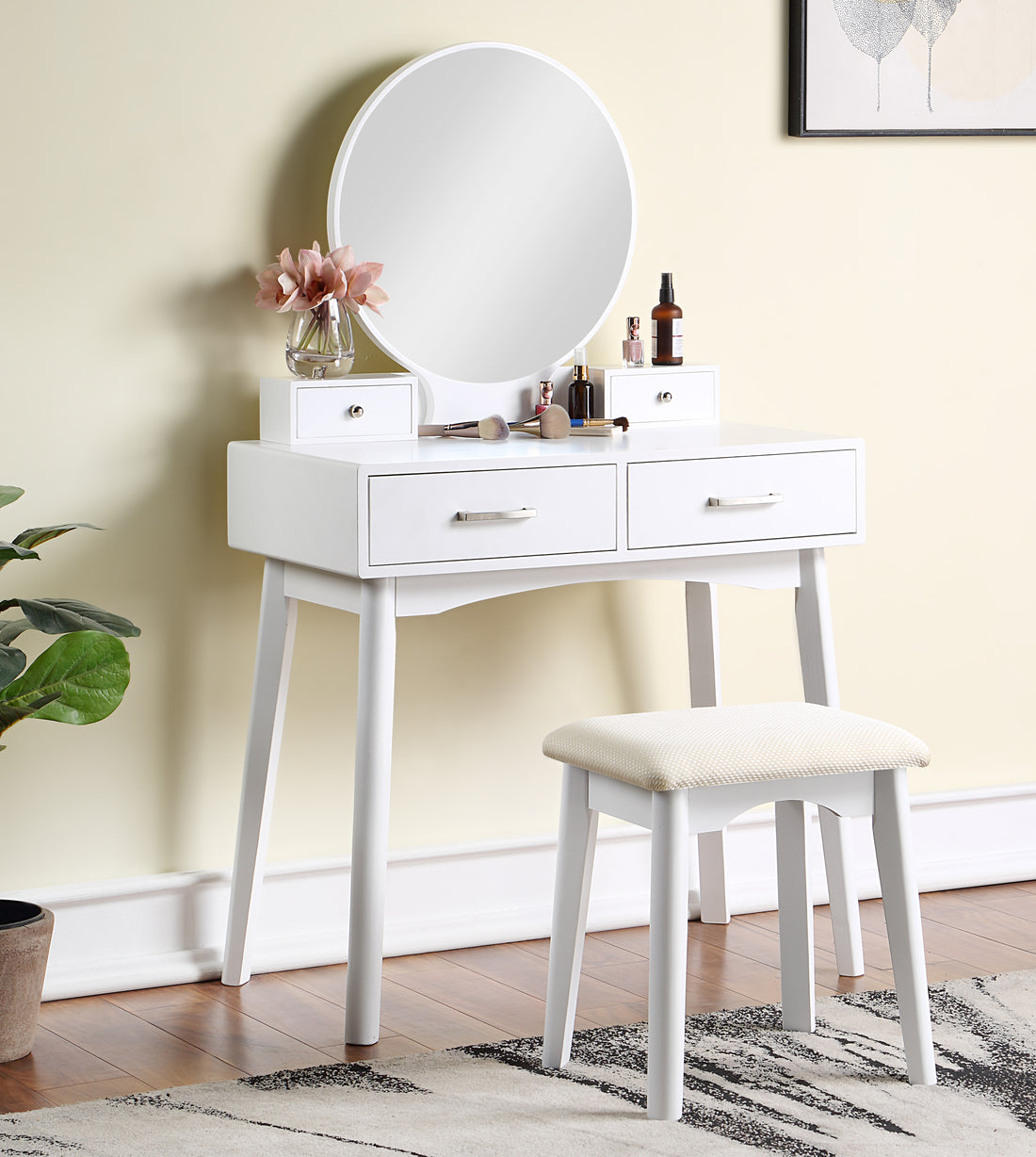 Liannon Contemporary Wood Vanity And Stool Set, White White Wood