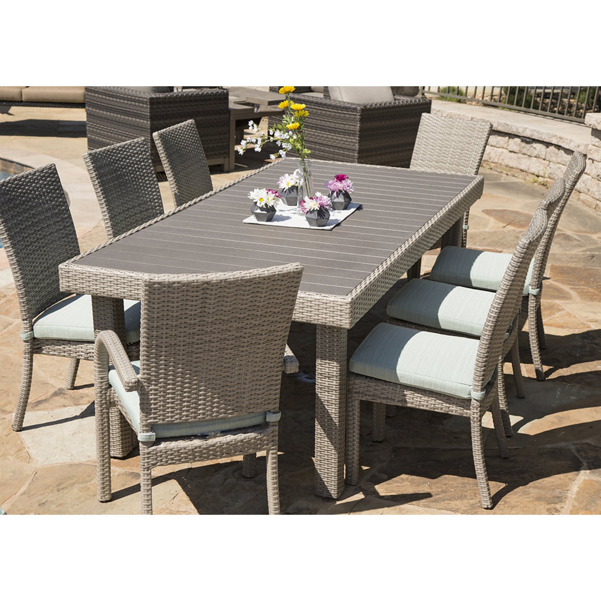 Balcones 9 Piece Outdoor Dining Table Set With 8 Dining Chairs, Gray Aqua Gray Aluminium Wicker