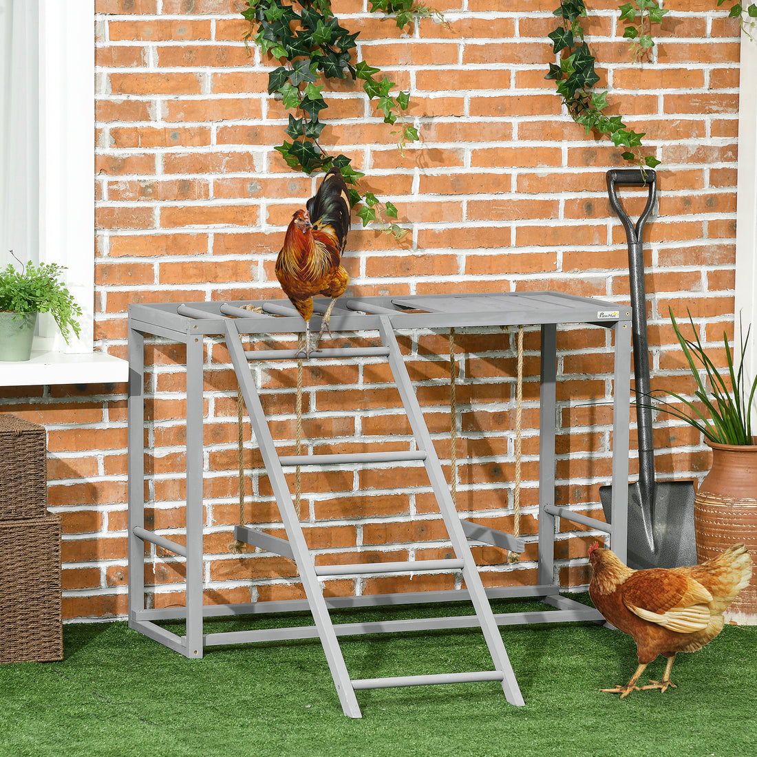 Pawhut Chicken Activity Play With Swing Set For 3 4 Birds, Wooden Chicken Coop Accessory With Multiple Chicken Perches & Hen Ladder Gray Gray Wood