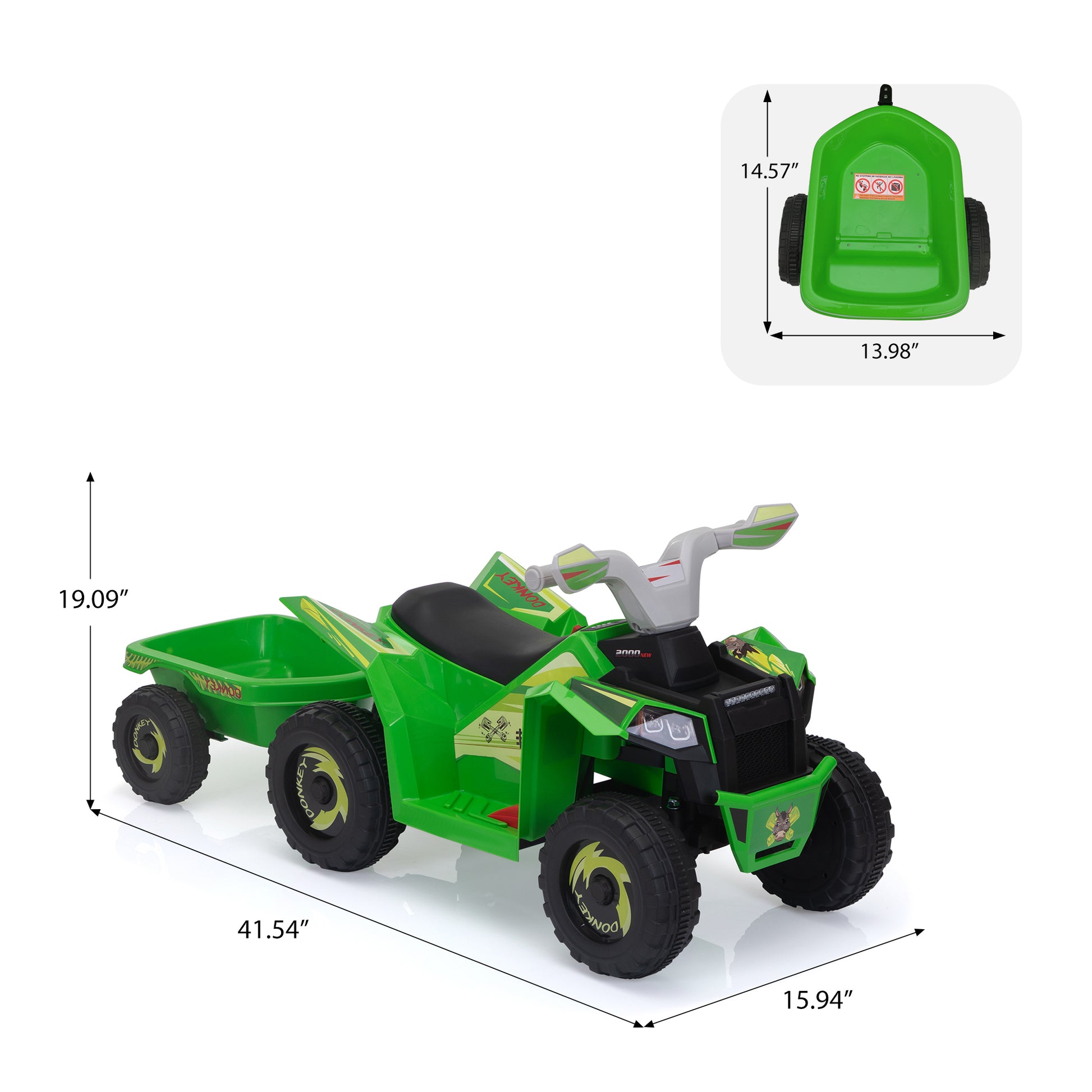 6V Kids Electric Atv, Toddler Ride On Car With Trailer, Music, Bluetooth And Power Display For Boys And Girls, Green Green Polypropylene