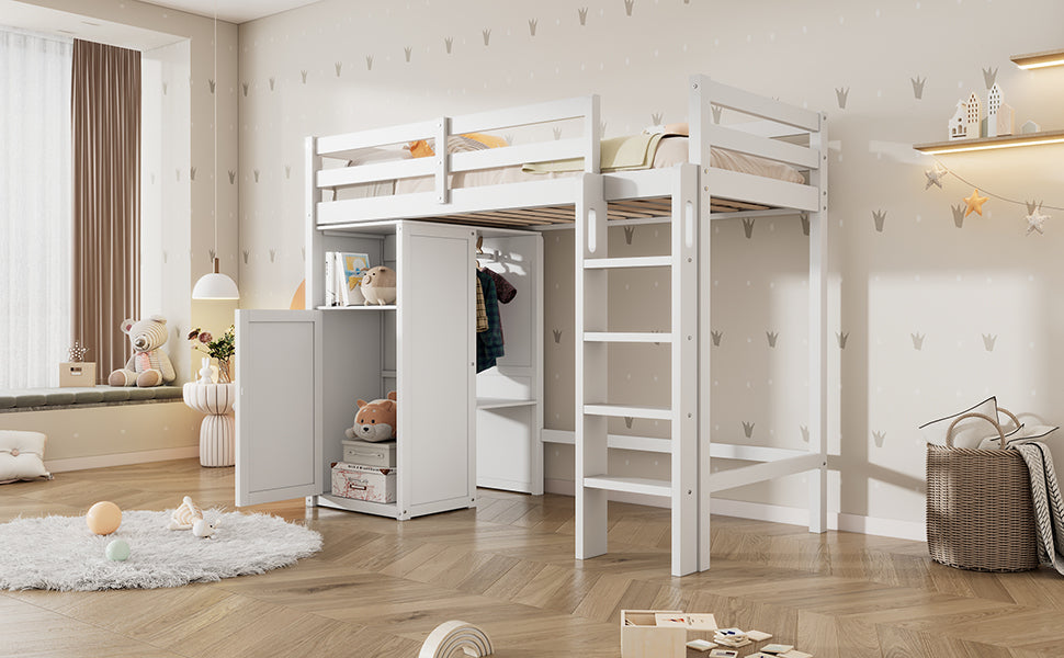 Twin Loft Bed With Wardrobe, Storage Shelves And Ladder, White Twin White Solid Wood Mdf