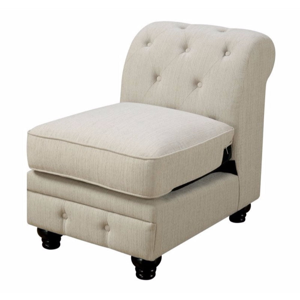 20 Inch Armless Sofa Chair, Linen Like Fabric, Button Tufted, Beige Beige Wood Fabric