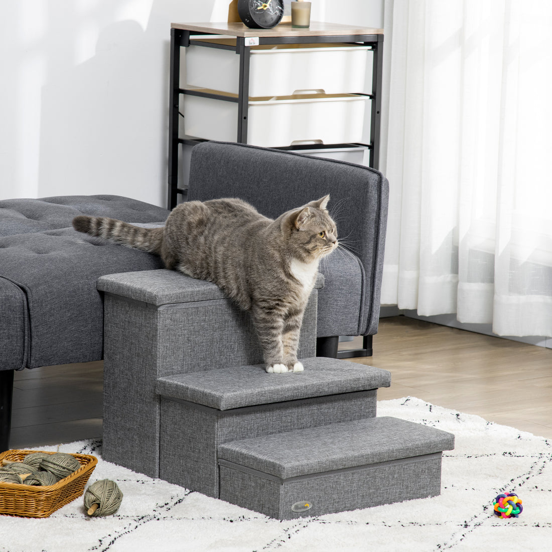 Pawhut 3 Steps Pet Stairs With Storage, Dog Steps For Couch, Bed, Pet Steps For Injured Pet, Older Pets, Small Cats, Gray Gray Mdf