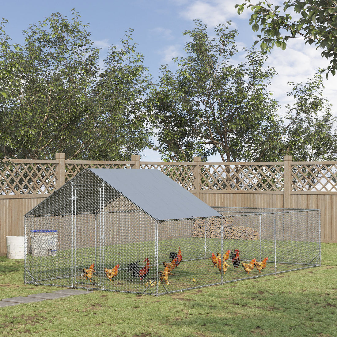 Pawhut Large Chicken Coop Metal Chicken Run For Chickens With Waterproof And Anti Uv Cover, Spire Shaped Walk In Fence Cage Hen House For Outdoor And Yard Farm Use, 1" Dia, 9.8' X 19.7' X 6.4' Silver Steel