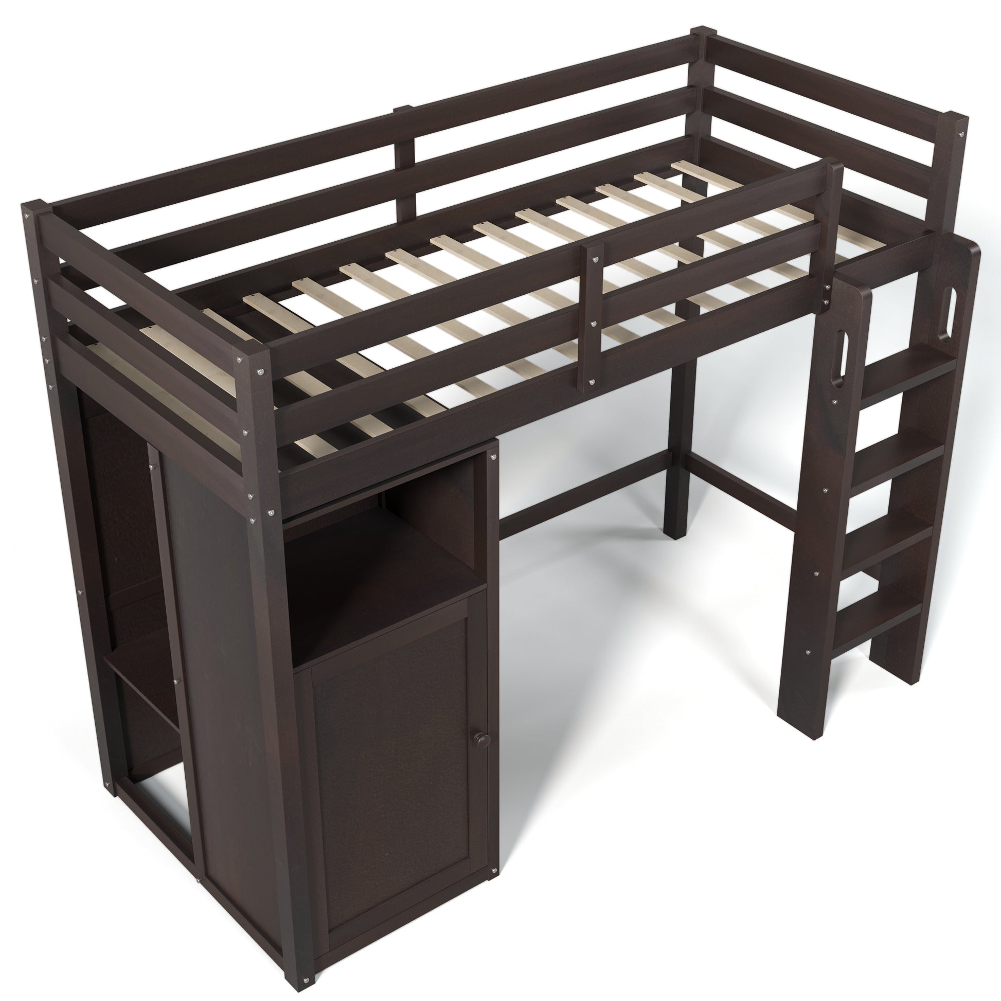 Twin Loft Bed With Wardrobe, Storage Shelves And Ladder, Espresso Twin Espresso Solid Wood Mdf