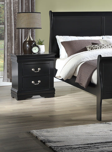 1Pc Black Finish Two Drawers Louis Philip Nightstand Solid Wood Contemporary & Simple Style Black Solid Wood