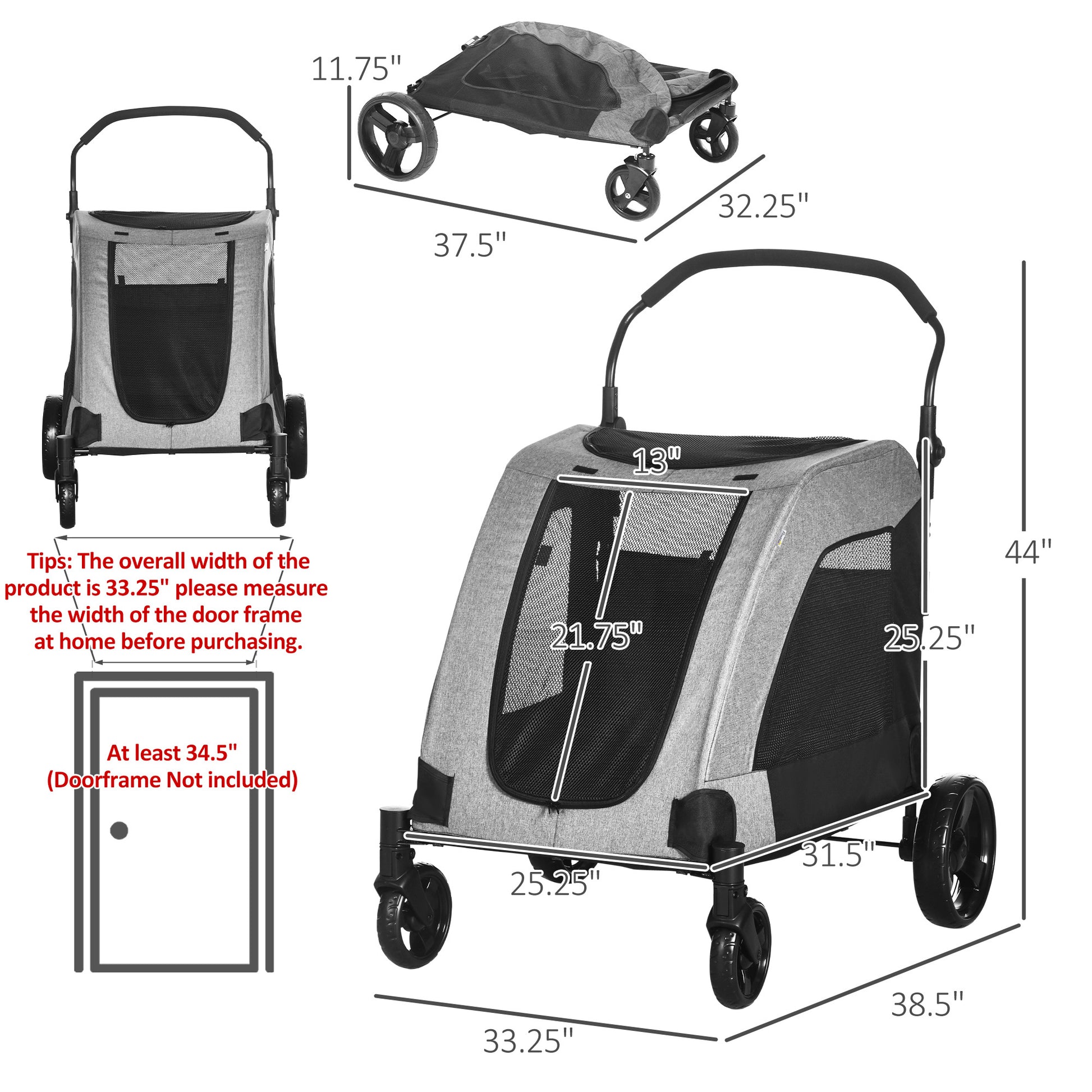 Pawhut Pet Stroller Universal Wheel With Storage Basket Ventilated Foldable Oxford Fabric For Medium Size Dogs, Grey Gray Iron