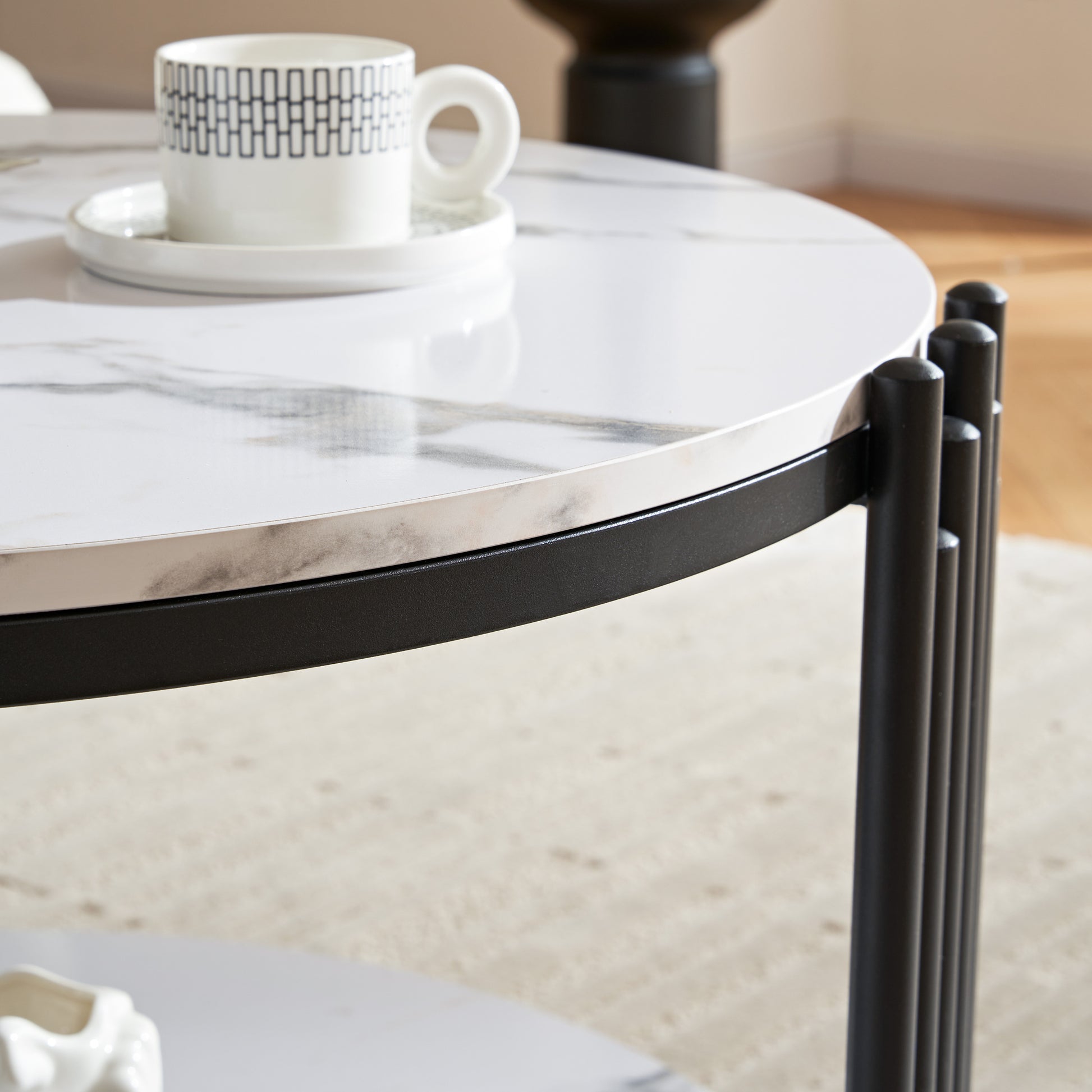 28.35 Inches Round Coffee Table, Small Coffee Table With Storage, Faux Marbling Top & Sturdy Metal Legs, Modern Sofa Table For Living Room, Small Spaces, Home Furniture With Storage Open Shelf. Black Black Mdf Metal