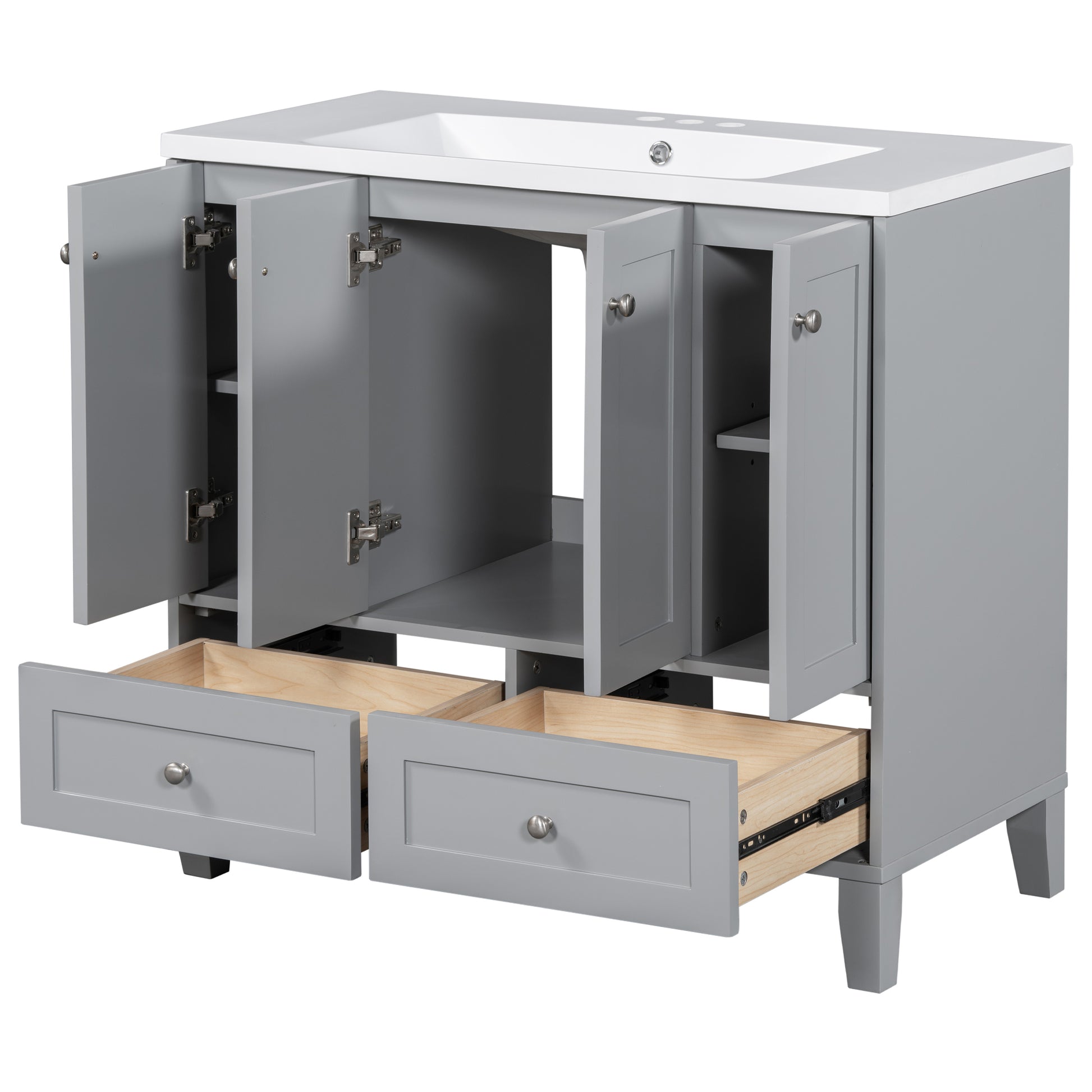 36'' Bathroom Vanity With Resin Sink Combo,Solid Wood Frame Bathroom Storage Cabinet, Freestanding Vanity Set With 4 Soft Closing Doors& 2 Drawers Same As Sw000124Aae Grey Bathroom Modern Solid Wood